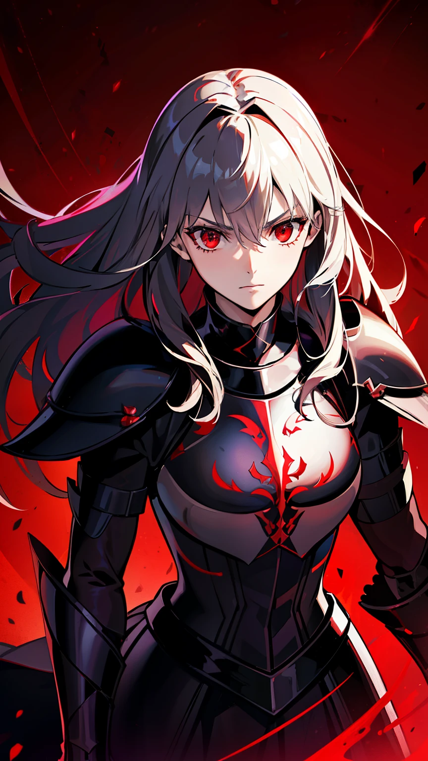 (high-quality, breathtaking),(expressive eyes, perfect face) 1female, girl , solo, young adult, long hair length, wavy curly hair, soft wave, black hair color, red highlights in hair, deep red eye color, background, music, serious confident expression, mature, dominant, haunting red background, armor, onyx black armor with red trim, midnight dark armor with red cracks engraved in the exterior, saber alter, alter saber fate stay night, corrupted theme, corrupted armor, red lines on armor, conquerer vibe, red markings on armor, slightly narrow eyes, evil queen, narrow beautiful eyes