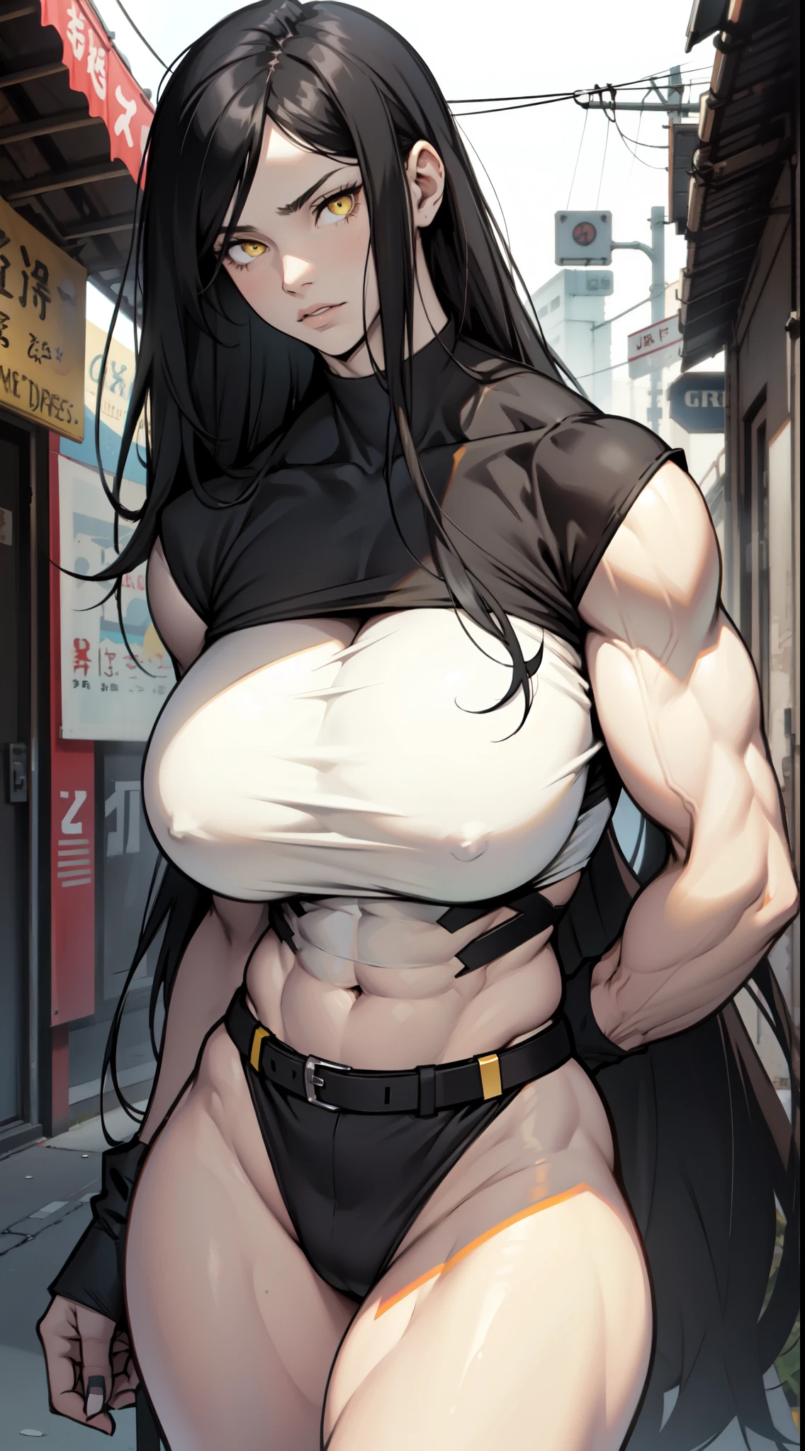 (1girl), black hair, extremely long hair, yellow eyes, ((((muscular)))), (huge breasts), (thick thighs), solo, (pale skin), cowboy shot