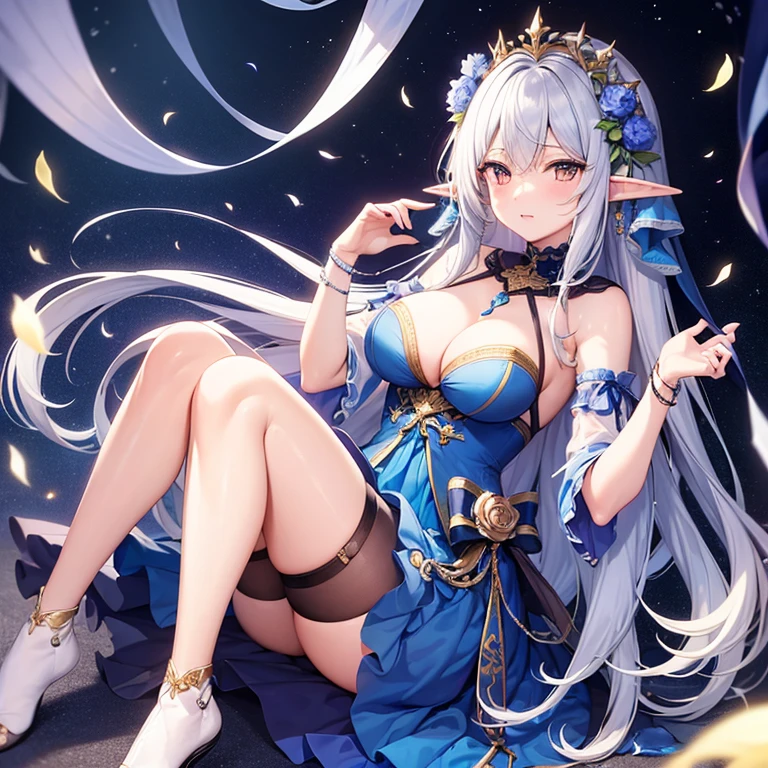 ((masterpiece)), ((best quality)), ((highres)), ((finely detail)) elf, 1girl, Pale white eyes, Messy crystal Blue hair, chained Hands, tattered blue dress, full body,frown,