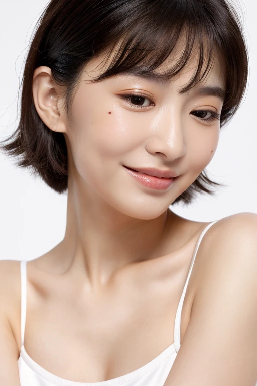 ((Masterpiece, Best Quality, High Resolution)), 1 Girl, (Photorealistic: 1.4), Solo, White Background, Snow White Background, Mouth Closed, Happy Smile, Pretty Black Hair, Short Hair, Big Eyes, Clear Double eyelids, eyelashes, ears protruding, absolute area, ((whole body)), (describe the head, shoulders, and chest), 18 years old, attractive proportions, glossy skin, beautiful collarbone, golden ratio face , perfect face, mole on the chest, bangs, pretty bangs, pretty bangs, lip gloss, thin lips, white skin, white bikini, small breasts, small face, full head, full shoulders, looking slightly upward at the camera, tight waist