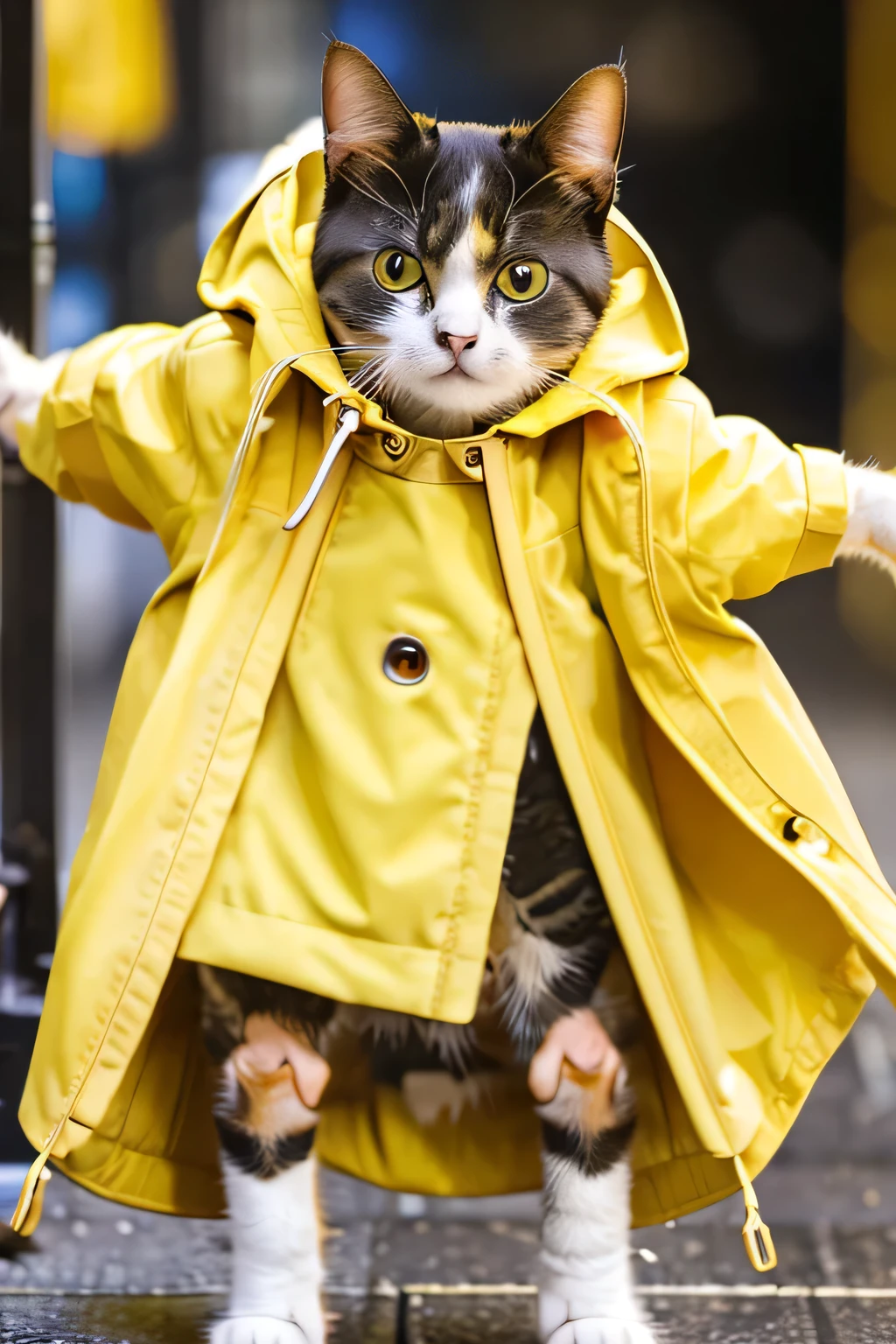 (A cat wearing a yellow raincoat:1.5)、(Standing on two legs:1.5)、(Cat proportions、Short limbs:1.5)、