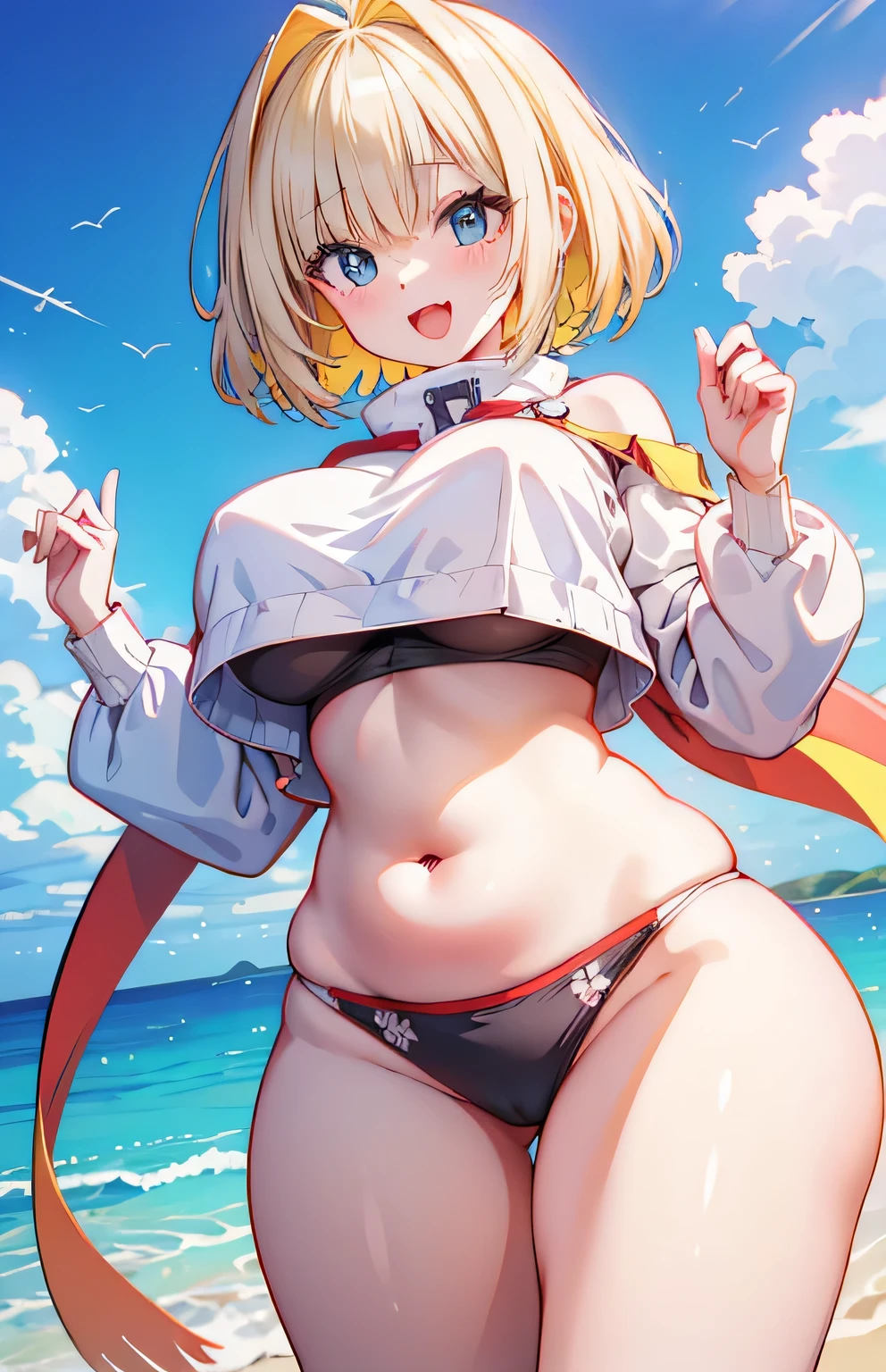 Anime illustration、highest quality、A short, plump high school girl、first round、Belly button piercing、Tube top、bikini、Perfect proportions、Sandy Beach、Clear skies、overwhelmingly big breasts、very thick thighs、Beautiful, shining eyes、Cowboy Shot、smile、Noise Reduction