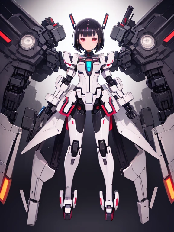 masterpiece、highest quality、High resolution、Very detailed、Medium wide shot、Girl、((ロボットGirl, Mecha)), Glowing Eyes、Black Hair、Bobcut、Red eyes、cyborg、android、Machine Body、Smiling、