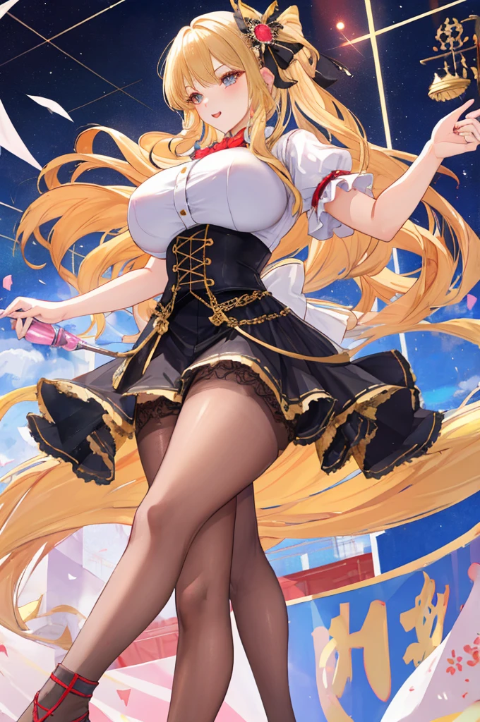 A woman with big ，Gorgeous woman，((Perfect idol))，Lolita skirt，Smooth underbust，Long blond hair，Exquisite，pubic，Perfect long legs，banquet，Performance，