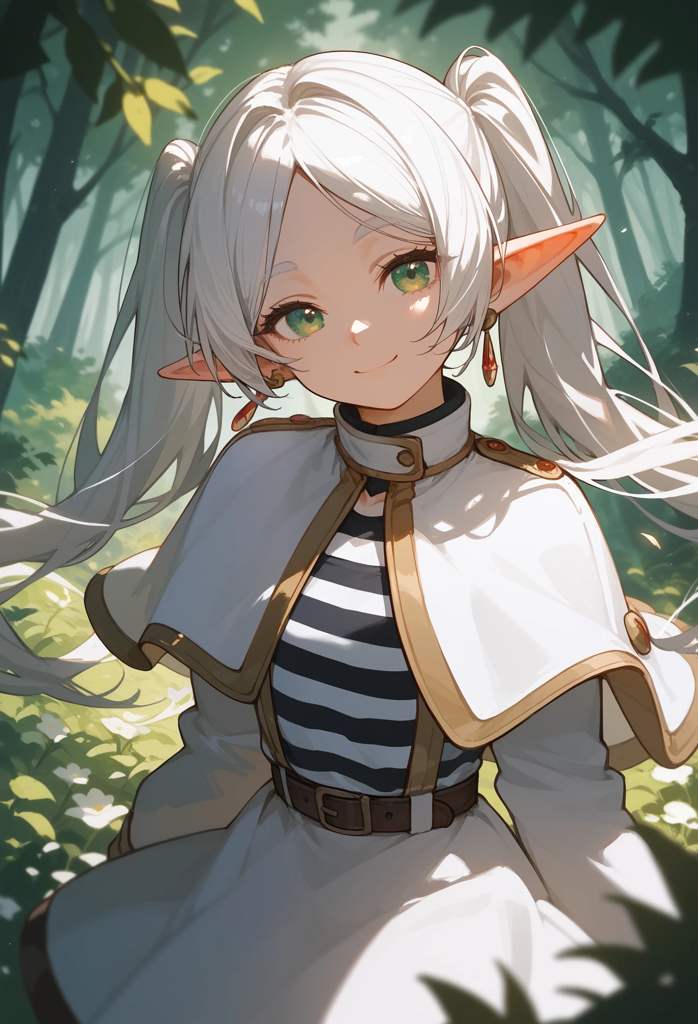 masterpiece, best quality, (score_9, score_8_up, score_7_up, score_6_up), 1girl, solo, portrait, (FrierenBase), green eyes, elf ears, pointy ears, innexpressive, small smile, head tilt, looking at viewer, white hair, long hair, twintails, earrings, white capelet, striped shirt, black stripes, long sleeves, belt, white skirt, black pantyhose, looking at viewer, forest