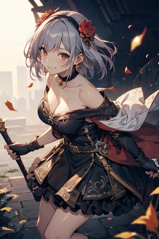 (dynamic angle:1.3, front view:1.1, breast focus:1.3, from below:1.2), (dynamic posing:1.5, sexy posing:1.2, leaning forward), (seductive smiling:1.3),(*K) HD, highest quality, Anime style beutiful woman, 1girl,fullbody, happy, (with sparkling eyes and a contagious smile:1.2), red face, closed mouth, beautiful detailed eyes, super detailed skin, backlighting, bare shoulders, black background, black dress, black gloves, silver hair, breasts, dress, earrings, fingerless gloves, floating hair, floral print, flower, gloves, gold earrings, gold hairband, hair flower, hair ornament, hairband, holding, holding two-hands weapon, jewelry, medium breasts, long hair, looking at viewer, off-shoulder dress, off shoulder,red eyes, short hair with long locks, sidelocks, solo, spikes, thighs, two-sided dress, two-sided fabric, weapon, fighting stance , face, close up, from above, highest quality, high resolution,Real World, Natural light,perfect Natural light,looking at viewer,