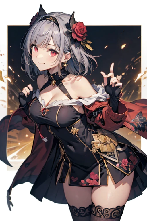 (dynamic angle:1.3, front view:1.1, breast focus:1.3, from below:1.2), (dynamic posing:1.5, sexy posing:1.2, leaning forward), (seductive smiling:1.3),(*K) HD, highest quality, Anime style beutiful woman, 1girl,fullbody, happy, (with sparkling eyes and a contagious smile:1.2), red face, closed mouth, beautiful detailed eyes, super detailed skin, backlighting, bare shoulders, black background, black dress, black gloves, silver hair, breasts, dress, earrings, fingerless gloves, floating hair, floral print, flower, gloves, gold earrings, gold hairband, hair flower, hair ornament, hairband, holding, holding two-hands weapon, jewelry, medium breasts, long hair, looking at viewer, off-shoulder dress, off shoulder,red eyes, short hair with long locks, sidelocks, solo, spikes, thighs, two-sided dress, two-sided fabric, weapon, fighting stance , face, close up, from above, highest quality, high resolution,Real World, Natural light,perfect Natural light,looking at viewer,