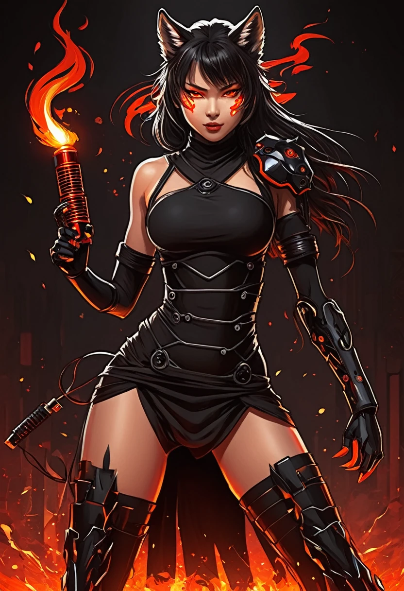 a black ninja dress, holding a pair of fireball-shaped nunchakus, surrounded by flames, with an intense expression on her face. She is accompanied by a robotic wolf with red fiery eyes and sharp mechanical claws. The girl's eyes are filled with determination and power, and her lips are slightly curved into a confident smile. The artwork is created in a manga-style, with bold linework and vibrant colors. The overall color scheme is dominated by shades of red, orange, and black, creating a sense of fiery energy. The lighting is dramatic, casting strong shadows that enhance the intensity of the scene. The image quality is of the highest caliber, with ultra-detailed character designs and backgrounds. It is a masterpiece of digital art, showcasing the skill and talent of the illustrator.