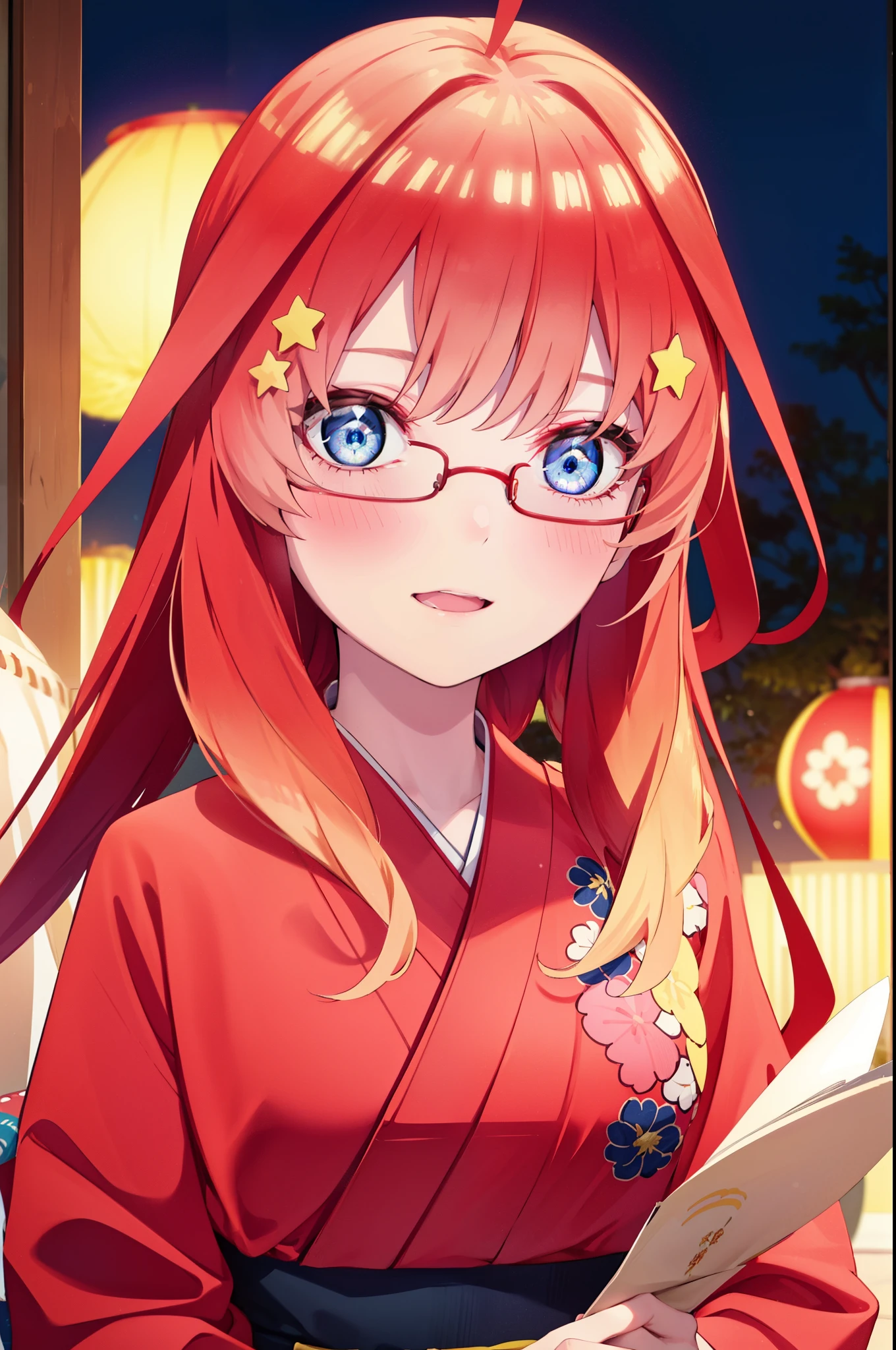 itsukinakano, Itsuki Nakano, bangs, blue eyes, Hair between the eyes, Ahoge, Redhead, star \(symbol\), hair ornaments, star hair ornaments,Akagi Glasses,smile,blush,Happy atmosphere,Open your mouth,Long Hair,Tie your hair back,Red glamorous kimono,night空の花火,Fireworks display,Sandals,Japanese Festivals,Summer festival food stalls,Red Lantern,night,イラストにwhole bodyが入るように, night
break outdoors, shrine, break looking at viewer,whole body,
break (masterpiece:1.2), highest quality, High resolution, unity 8k wallpaper, (shape:0.8), (Beautiful and beautiful eyes:1.6), Highly detailed face, Perfect lighting, Highly detailed CG, (Perfect hands, Perfect Anatomy),