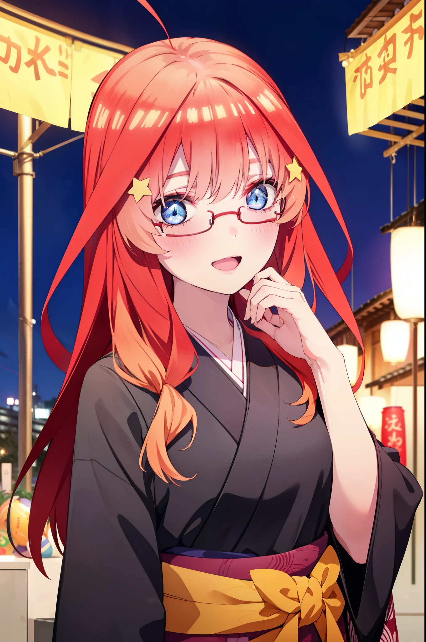 itsukinakano, Itsuki Nakano, bangs, blue eyes, Hair between the eyes, Ahoge, Redhead, star \(symbol\), hair ornaments, star hair ornaments,Akagi Glasses,smile,blush,Happy atmosphere,Open your mouth,Long Hair,Tie your hair back,Red glamorous kimono,night空の花火,Fireworks display,Sandals,Japanese Festivals,Summer festival food stalls,Red Lantern,night,イラストにwhole bodyが入るように, night
break outdoors, shrine, break looking at viewer,whole body,
break (masterpiece:1.2), highest quality, High resolution, unity 8k wallpaper, (shape:0.8), (Beautiful and beautiful eyes:1.6), Highly detailed face, Perfect lighting, Highly detailed CG, (Perfect hands, Perfect Anatomy),