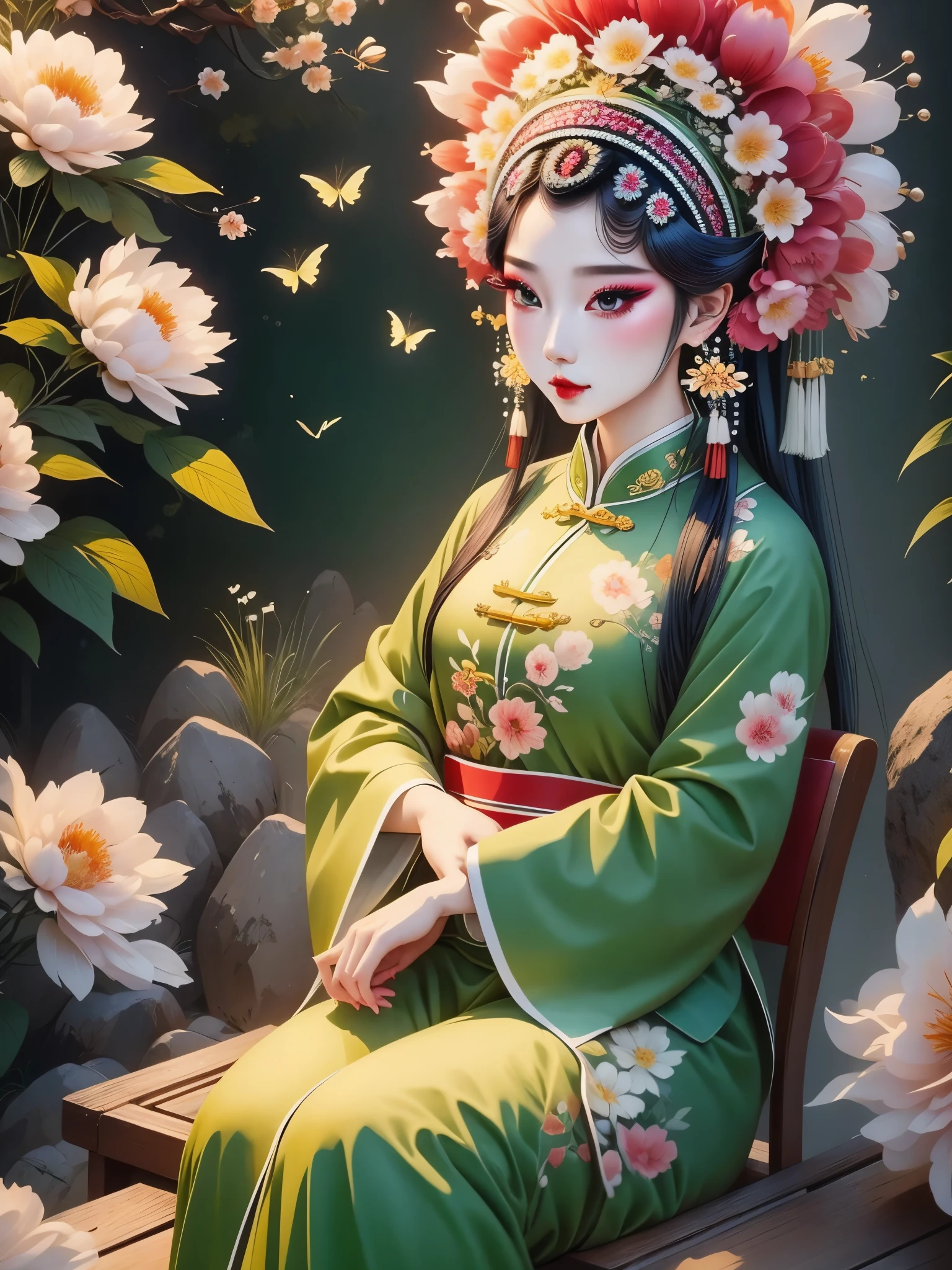 (masterpiece, highest quality:1.2，real：1.37), ，flat，Ink stains，Traditional Chinese Painting，flat pencil drawing，chinese style illustration：（1 girl，bust ），Graceful features，Detailed drawing of the eye，eyelash，blush，Long Hair，Exquisite makeup，Beautiful pearls on the head，green华丽的汉服，Blurred garden background，Simple，Glowing Butterfly，green：1.37，Giant peony flower：1.37