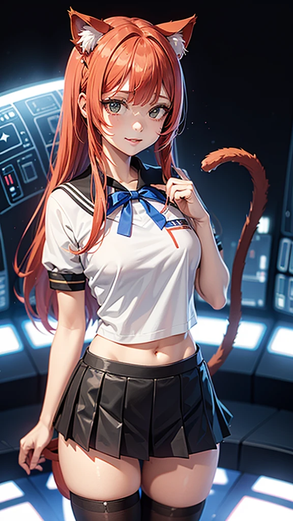 1girl, ebenya, looking at viewer, red and blue hair, neko, cat ears, cat tail, princess lea uniform, star wars death star background, star wars