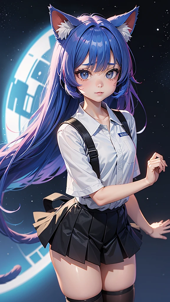 1girl, ebenya, looking at viewer, red and blue hair, neko, cat ears, cat tail, princess lea uniform, star wars death star background, star wars