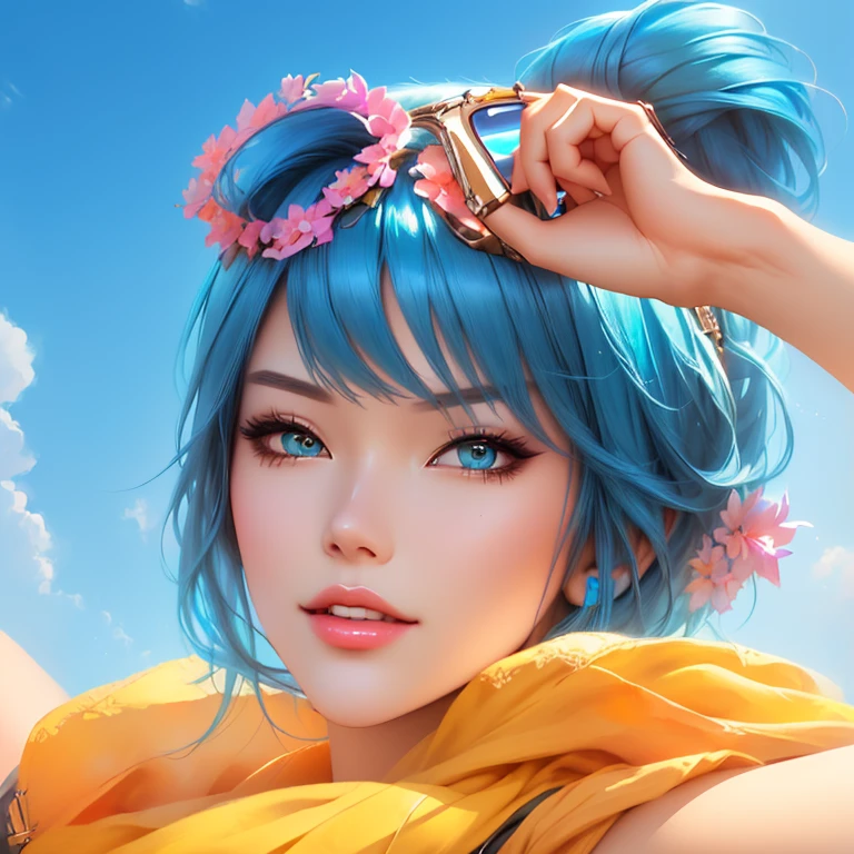 Beautiful girl with blue hair and sunglasses on her head, rossdraws vibrant, extremely detailed artgerm, detailed digital anime art, artgerm. high detail, ! dream artgerm,