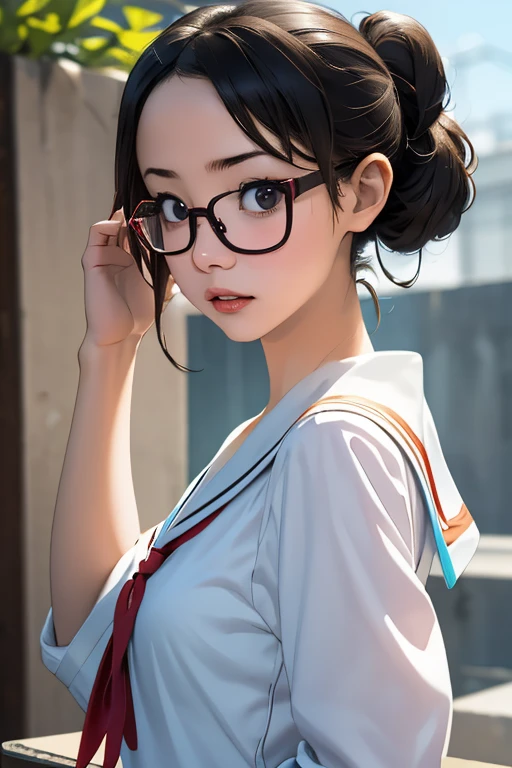 (masterpiece, highest quality), One Girl, Satou, Satou, Glasses, 赤いフレームのGlasses, Sailor suit, Satou, Glasses, 赤いフレームのGlasses,