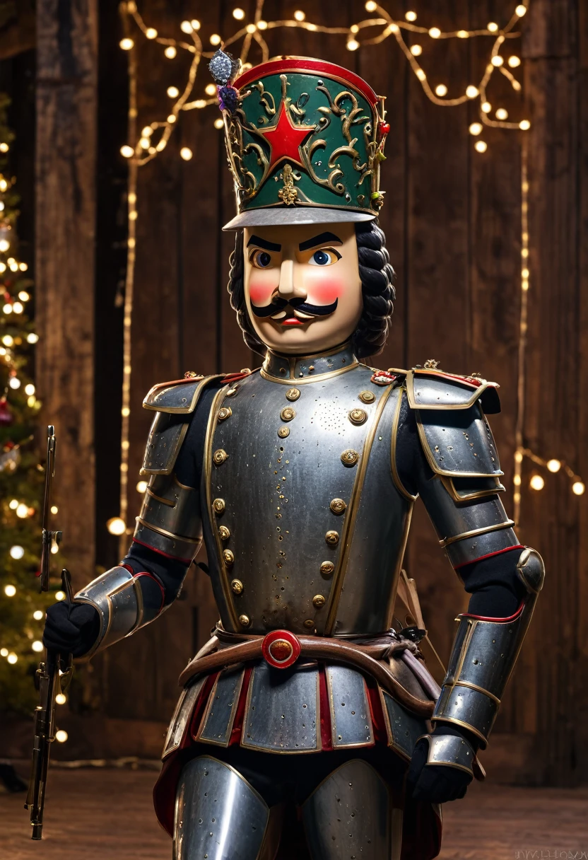 The Stable Diffusion prompt generated for the theme "Soldier Nutcracker" is as follows:

(soldier nutcracker:1.1), (best quality, 4k, masterpiece:1.2), ultra-detailed, realistic:1.37, metal armor, intricate design, expressive face, detailed rifle, festive colors, traditional costume, ballerina, dynamic pose, wooden background, fairy lights, dramatic lighting