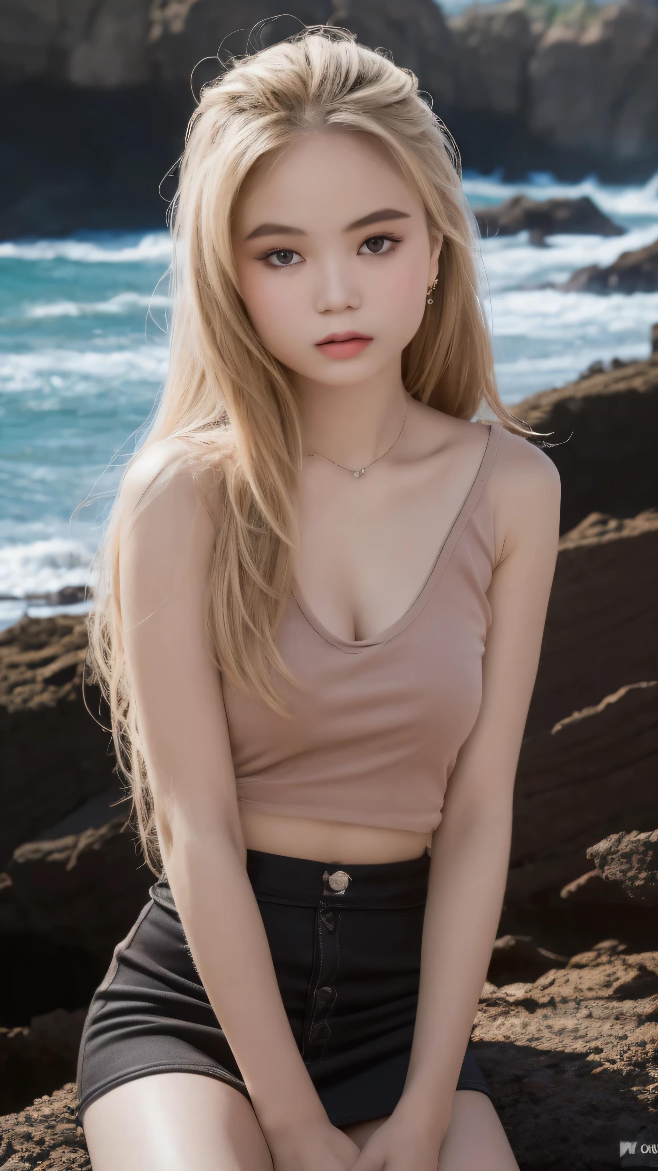 1 girl, alone, looking at the viewer, dark blonde long hair, tank top, mini skirt, brown eyes, Coastal rocky background, small breast , lips, realistic, a konigsreuter、masterpiece, 最high quality, high quality, High resolution,