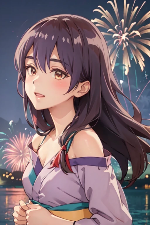 masterpiece, best quality, ultra detailed, highres, extremely detailed CG unity 8k wallpaper, perfect lighting, very detailed background, beautiful and aesthetic,sharp focus, perfect face, dynamic pose, dynamic angle,
1girl, upper body, (portrait:1.1), multicolored yukata, kanzashi, looking at viewer, full-face blush, from side, from below, smile,Open your mouth、Pink Lips、
night, dark sky, misty lake, mountainous horizon, break,aerial fireworks, (Full of sky fireworks:1.2),
、(Shoulder Bare:1.2)、(Off the shoulder:1.4)、(Holding a handheld firework:1.2)、(flat chest:1.5)、
((yano mitsuki,long_hair, purple_hair, brown_eyes, hair_between_eyes))、