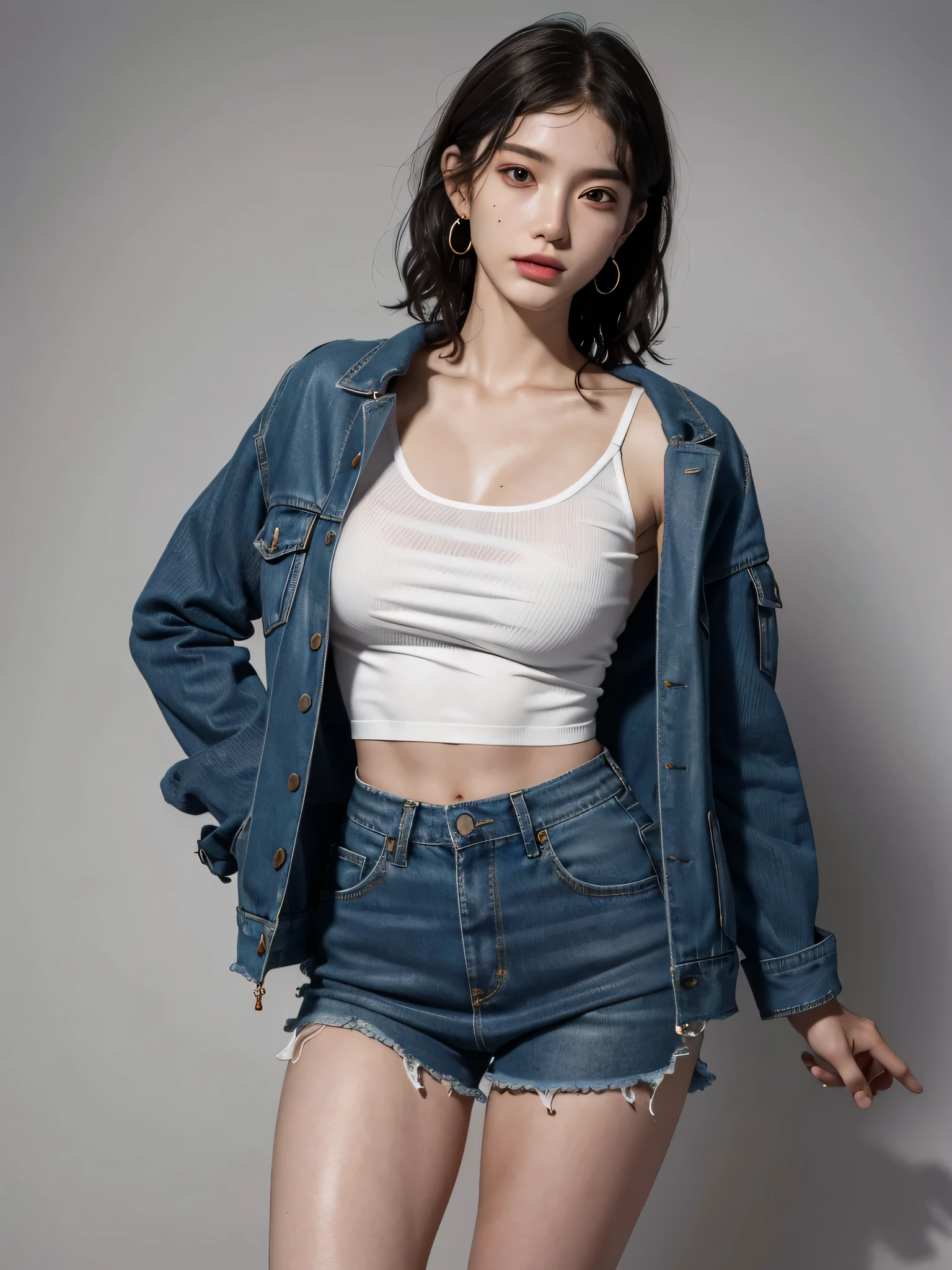 absurdres, RAW photo, extremely delicate and beautiful, masterpiece, Best Quality, ultra high resolution, 32k, hyperrealistic, ultra-detailed, perfect anatomy, anatomically correct, perfect figure, super Detailed skin, 20 years old, very Slim body, narrow waist, very small head, very small face, delicate facial features, detailed face, detailed eyes, tearful mole, earring, thin legs, bare legs, ((very huge round breasts)), short medium hair, ((wavy hair)), wet clothes, blue jacket, white top,