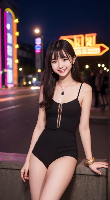 highest quality, 8k, 18 year old beautiful girl, Absurd, smile, smile, alone, night, neon, Idol's face , Delicate girl, Full body photo、From below, Standing posture、Model Body Type、Digital SLR, View your viewers, Frank, Sophisticated, Thin arms, Professional Lighting, Film Grain, chromatic aberration, (Eyes and facial details:1.0), (Bokeh:1.1) , (((Shoulder out、セクシーなSee-throughの白いシャツ、Flared exy white panties)))、See-through、Off the shoulder