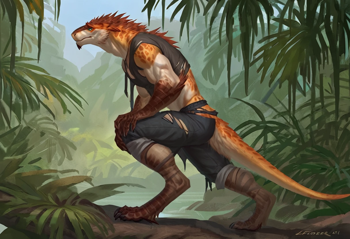 realistic, high quality, detailed, uploaded on e621, 4k, 8k, feral anatomy, adult bigger creature, female, femealized, bipedal feral lizard, biped standing, spread legs, nsfw, explicit content, wide hips, thick thighs, (innie pussy), monster_hunter style, by Pixelsketcher, four legs