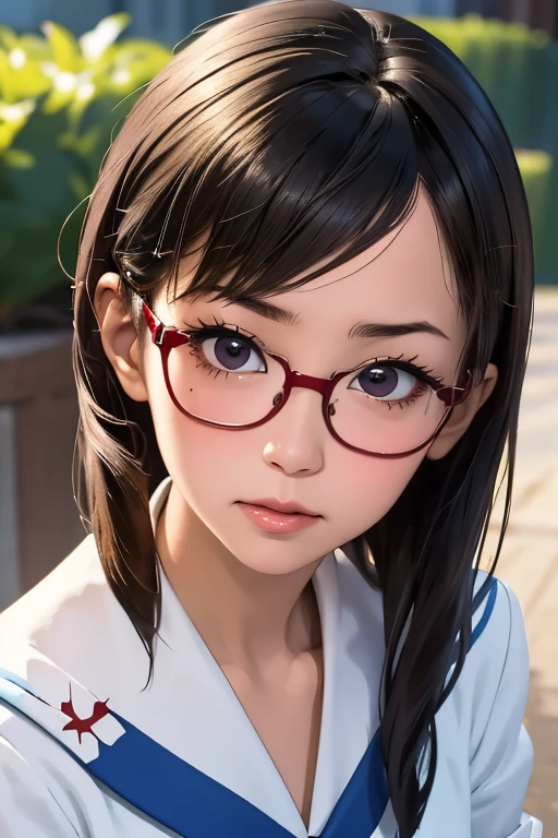 (masterpiece, highest quality), One Girl,  Satou, Satou, Glasses, 赤いフレームのGlasses, Sailor suit, Satou, Glasses, 赤いフレームのGlasses, 