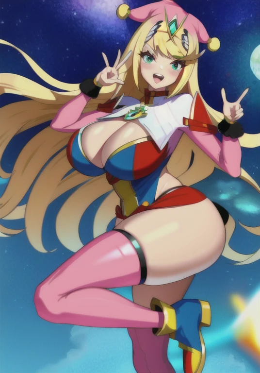 mythra \(xenoblade\), 1girl, bangs, blonde hair, breasts, huge ass, huge breasts, huge thighs, narrow waist, wide hips, thick thighs, curvy, cleavage, open mouth, earrings, eyelashes, floating hair, gem, hair ornament, hairband, headpiece, jewelry, large breasts, long hair, art, pose, sidelocks, smile, tongue sticking out, hands making the peace sign, legs spread, face paint, clown outfit, colorful outfit, skintight outfit, jester hat, pointy shoes, solo, standing, swept bangs, tiara, very long hair, xenoblade chronicles \(series\), (xenoblade chronicles 2),