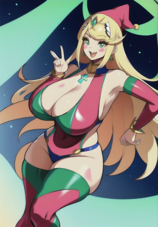 mythra \(xenoblade\), 1girl, bangs, blonde hair, breasts, huge ass, huge breasts, huge thighs, narrow waist, wide hips, thick thighs, curvy, cleavage, open mouth, earrings, eyelashes, floating hair, gem, hair ornament, hairband, headpiece, jewelry, large breasts, long hair, art, pose, sidelocks, smile, tongue sticking out, hands making the peace sign, legs spread, face paint, clown outfit, colorful outfit, skintight outfit, jester hat, pointy shoes, solo, standing, swept bangs, tiara, very long hair, xenoblade chronicles \(series\), (xenoblade chronicles 2),