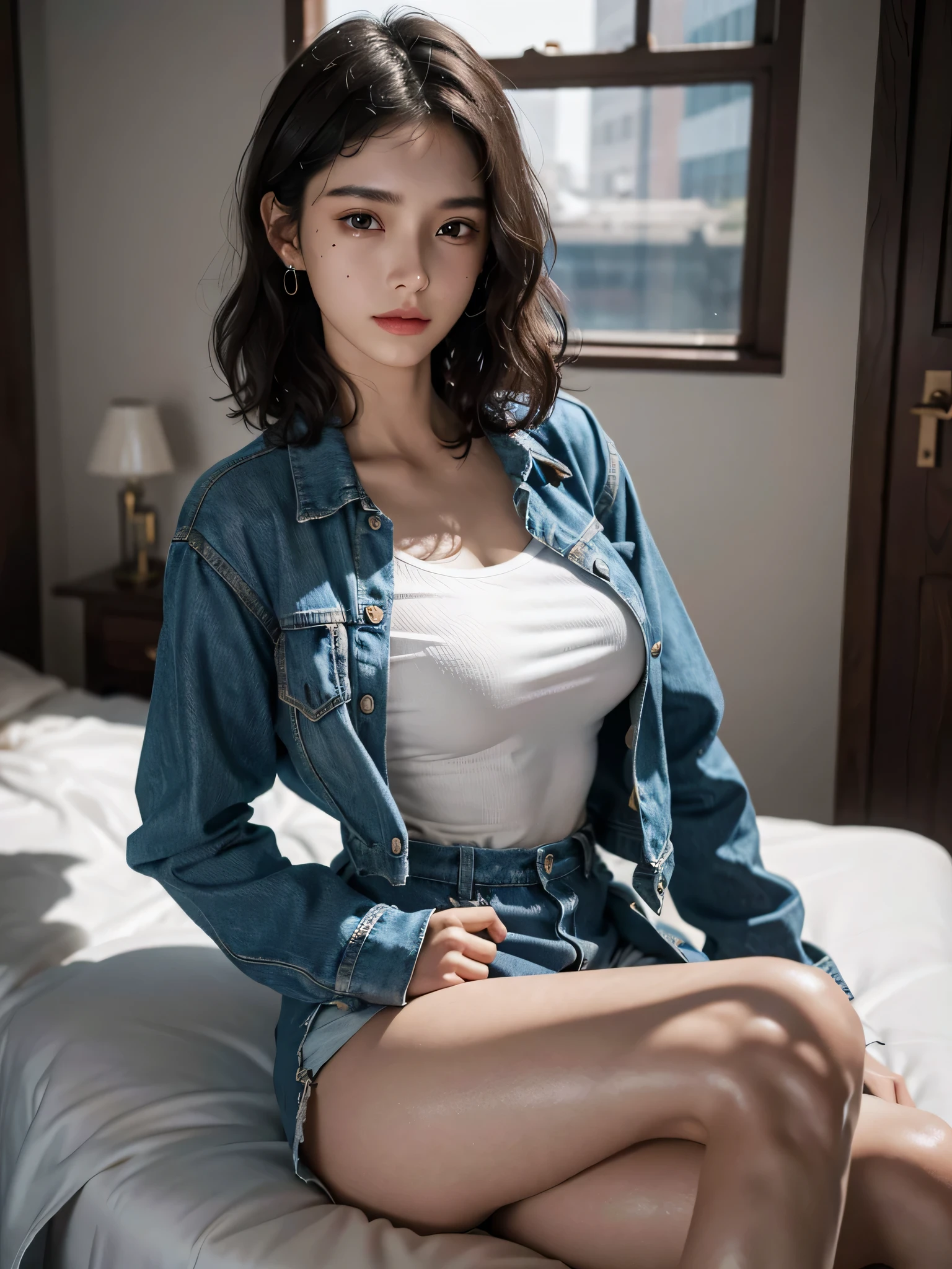 absurdres, RAW photo, extremely delicate and beautiful, masterpiece, Best Quality, ultra high resolution, 32k, hyperrealistic, ultra-detailed, perfect anatomy, anatomically correct, perfect figure, super Detailed skin, 20 years old, very Slim body, narrow waist, very small head, very small face, delicate facial features, detailed face, detailed eyes, tearful mole, earring, thin legs, bare legs, ((very huge round breasts)), short medium hair, ((wavy hair)), wet clothes, blue jacket, white top,