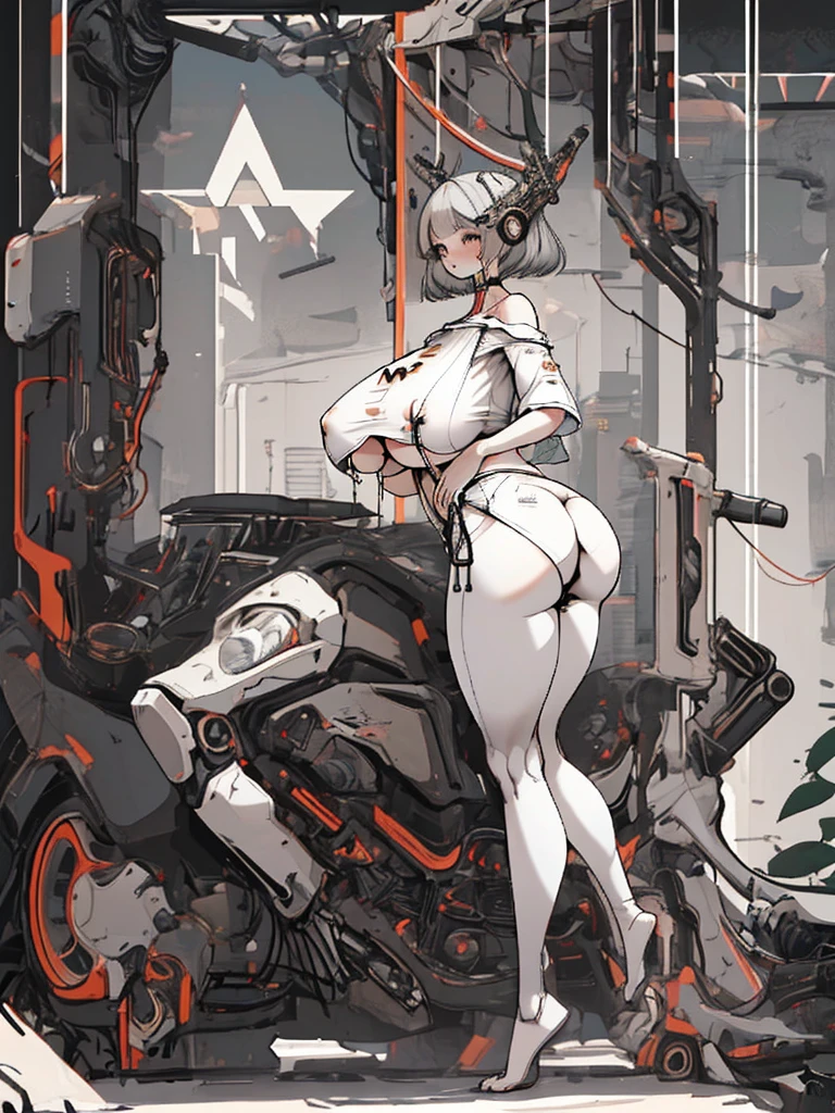 girl、((low length:1.8))、(Ample breasts:2)、(Huge Ass:1.6)、(Plump:1.4)、Asymmetrical bob cut with grey hair、Bangs、Cartilage piercing in right ear、Three rings pierced on the left earlobe、Round eyebrows、The black eyes are large and slanted.、A short, off-the-shoulder shirt that reveals the underboob、Zippered and buttoned shorts、Belly button piercing、He exhaled the smoke he had inhaled from his pipe.、((He is accompanied by a monster made of smoke.))、Sitting on a chair、Smoke rising beneath my feet、(highest quality、masterpiece、16k、Super detailed、Beautiful Skin)、Full Body