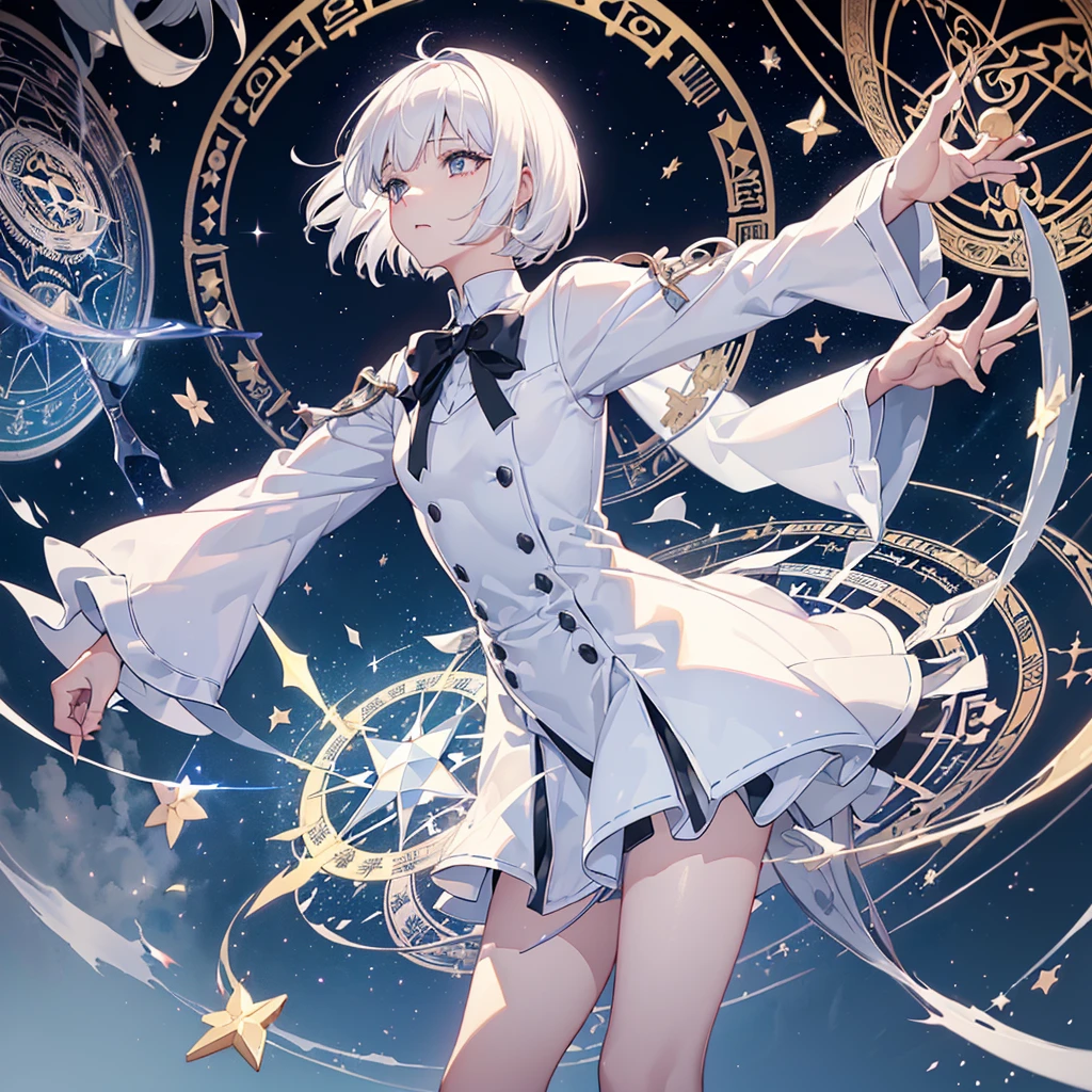 ((White Hair Short Bob Three-cornered hat magic circle)) ((night magic circleから大量のナイフを飛ばしてください)) (Dance Flame Blade Glowing knife ) moon star Slashing Catch the wind Tense face