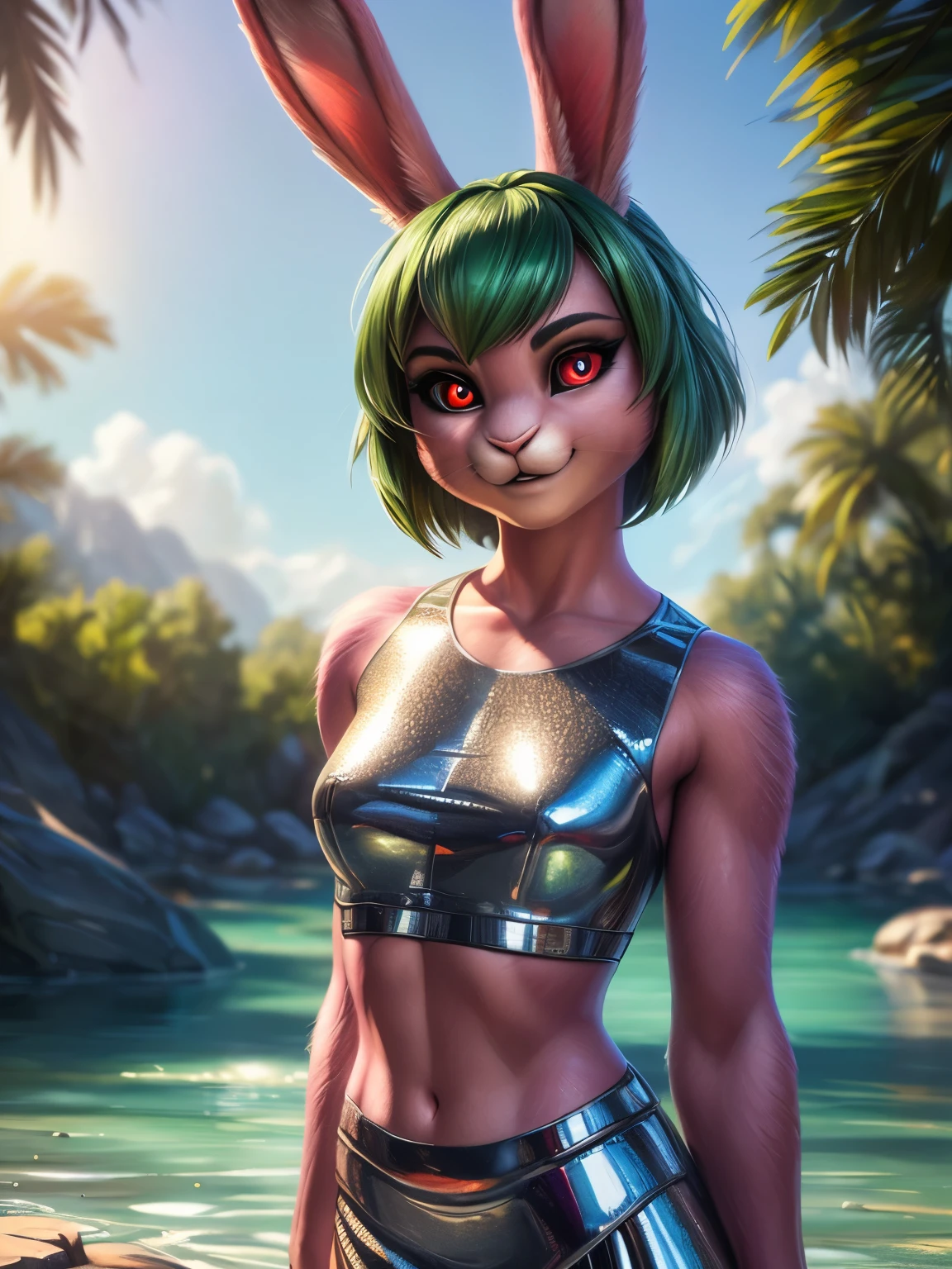 (by pixelsketcher:0.6), (by personalami :0.6),female,rabbit, background, (cinematic lighting:1.1), (perfect focus:1.1), 8k hd, photo, (detailed eyes:1.2),depth of field, bokeh, subsurface scattering, very small breasts, wide ,((metallic crop top, metallic shorts)), bright colors, (furry detail:1.3),detailed background, photorealistic, ultra realistic,beach, beach,smile,(fluffy:1.3), furry, buff, (realistic fur:1.1), (extreme fur detail:1.2),((Green hair, short hair)),((Pink skin, pink fur)),((rabbit tail)),3d pixar style,(((Black Sclera:1.5, red eyes))),sexy legs,((Rabbit ears,Pink bunny ears)),((ears down)),((floating water, 2000s style windows wallpaper))