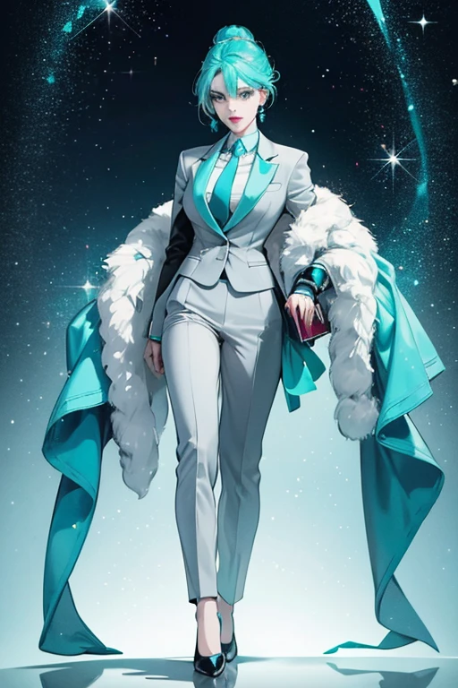 she is a pale turquoise with dark turquoise lips. she wears a light gray suit with a red tie and a pair of black shoes. SPARKLE; GLITTER