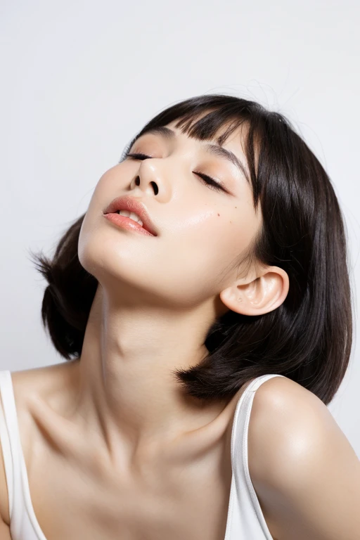 ((Masterpiece, Best Quality, High Resolution)), 1 Girl, (Photorealistic: 1.4), Solo, White Background, Snow White Background, Mouth Closed, Happy Smile, Pretty Black Hair, Short Hair, Big Eyes, Clear Double eyelids, eyelashes, ears protruding, absolute area, ((whole body)), (describe the head, shoulders, and chest), 18 years old, attractive proportions, glossy skin, beautiful collarbone, golden ratio face , perfect face, mole on the chest, bangs, pretty bangs, pretty bangs, lip gloss, thin lips, white skin, white bikini, small breasts, small face, full head, full shoulders, full body, slightly looking at the camera Looking upward, slim abs, childish face