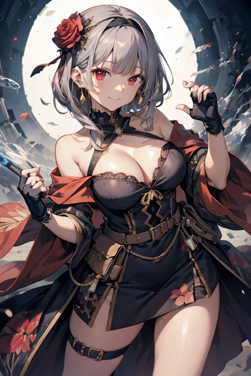 (dynamic angle:1.3, front view:1.1, breast focus:1.3, from below:1.2), (dynamic posing:1.5, sexy posing:1.2, leaning forward), (seductive smiling:1.3),(*K) HD, highest quality, Anime style beutiful woman, 1girl,fullbody, happy, (with sparkling eyes and a contagious smile:1.2), red face, closed mouth, beautiful detailed eyes, super detailed skin, backlighting, bare shoulders, black background, black dress, black gloves, silver hair, breasts, dress, earrings, fingerless gloves, floating hair, floral print, flower, gloves, gold earrings, gold hairband, hair flower, hair ornament, hairband, holding, holding two-hands weapon, jewelry, medium breasts, long hair, looking at viewer, off-shoulder dress, off shoulder,red eyes, short hair with long locks, sidelocks, solo, spikes, thighs, two-sided dress, two-sided fabric, weapon, fighting stance , face, close up, from above, highest quality, high resolution,Real World, Natural light,perfect Natural light,looking at viewer,