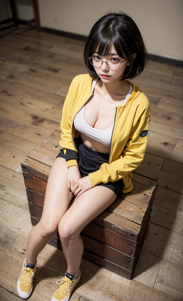 realistic, 1girl, top view selfie shots, eye glasses, sitting on a wooden box, arms at the wooden box, dark abandoned warehouse backgroud, bob hair, hair bangs, skinny yellow tracksuit, cleavage, big bust, mini skirt, tights, knees, skinny outfit,