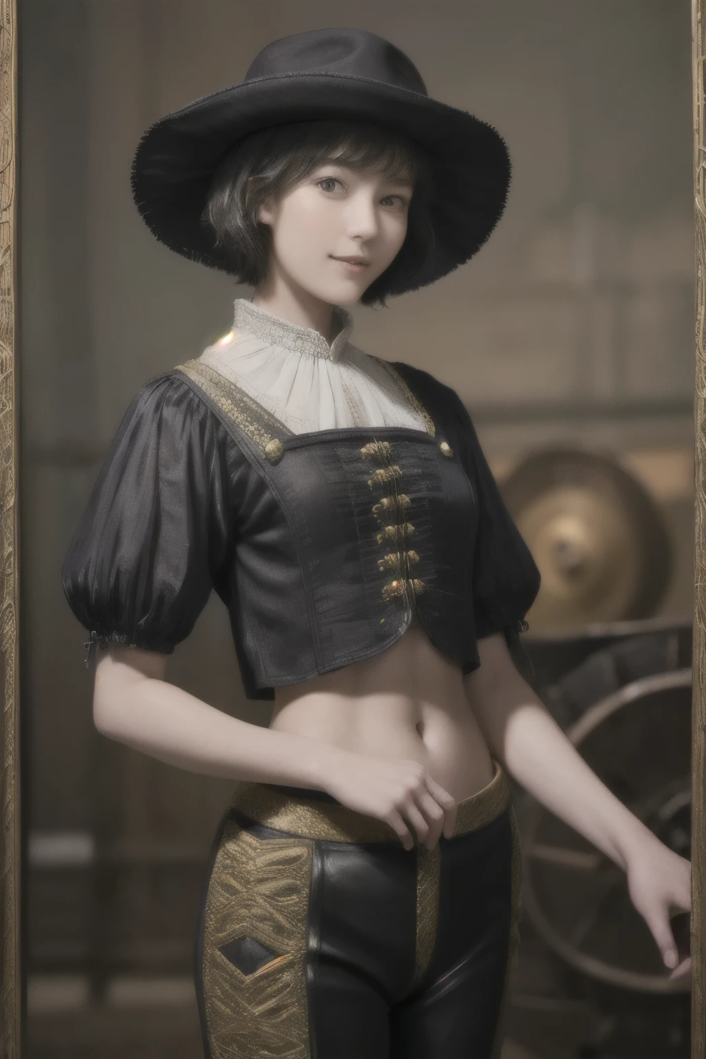 222 Short Hair, 20-year-old woman, A kind smile, (Luxurious stables), (Rembrandt-style painting), (machinery suit, Clothes that show abs、Clothes with short sleeves)