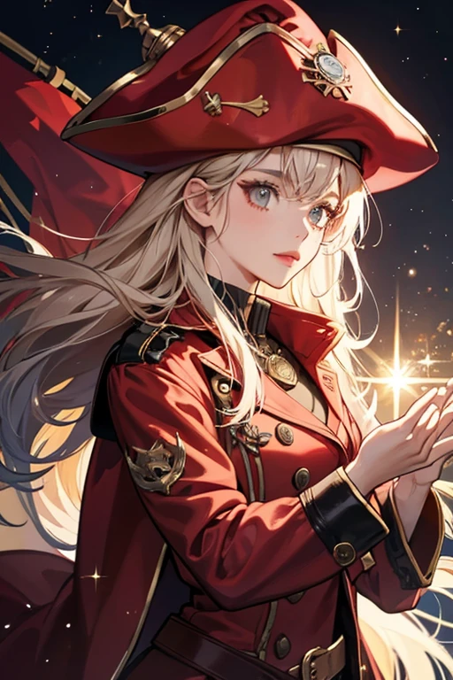 long light, she wears a red pirate jacket and a hat. SPARKLE; GLITTER