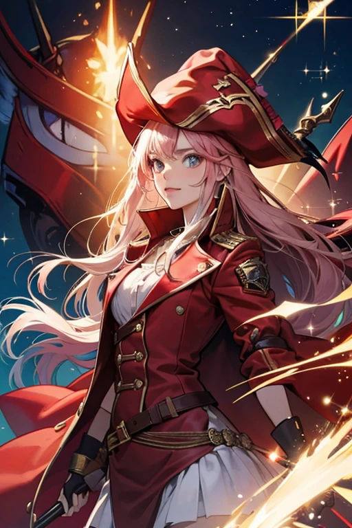 long light, she wears a red pirate jacket and a hat. SPARKLE; GLITTER