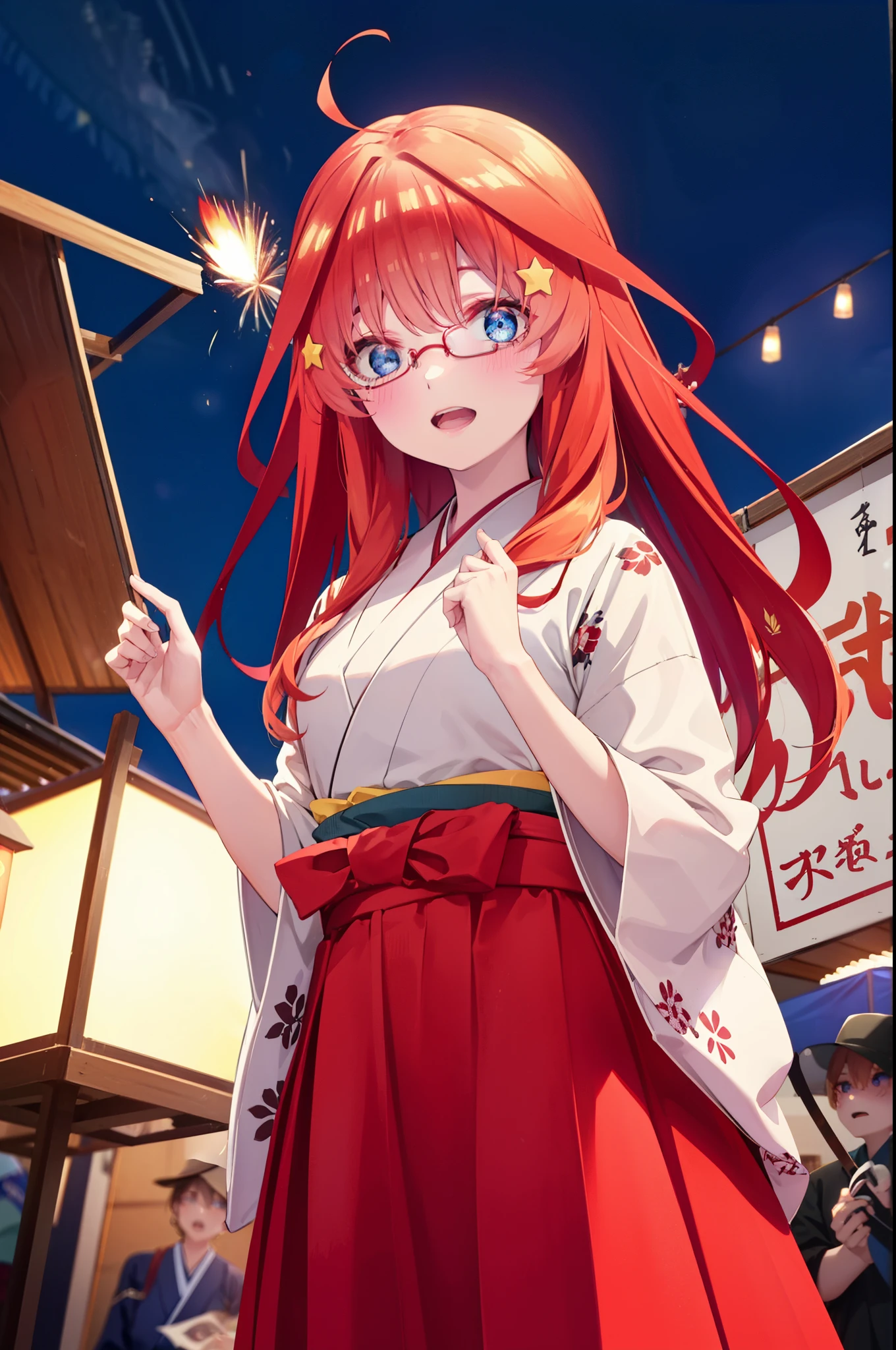 itsukinakano, Itsuki Nakano, bangs, blue eyes, Hair between the eyes, Ahoge, Redhead, star \(symbol\), hair ornaments, star hair ornaments,Akagi glasses,smile,blush,Happy atmosphere,Open your mouth,Long Hair,Tie your hair back,Red gorgeous Japanese style,Red long skirt,White tabi,Sandals,night空の花火,Fireworks display,Japanese Festivals,Summer festival food stalls,Red Lantern,night,イラストにwhole bodyが入るように, night
break outdoors, shrine, break looking at viewer,whole body,(Cowboy Shot:1. 5)
break (masterpiece:1.2), highest quality, High resolution, unity 8k wallpaper, (shape:0.8), (Beautiful and beautiful eyes:1.6), Highly detailed face, Perfect lighting, Highly detailed CG, (Perfect hands, Perfect Anatomy),