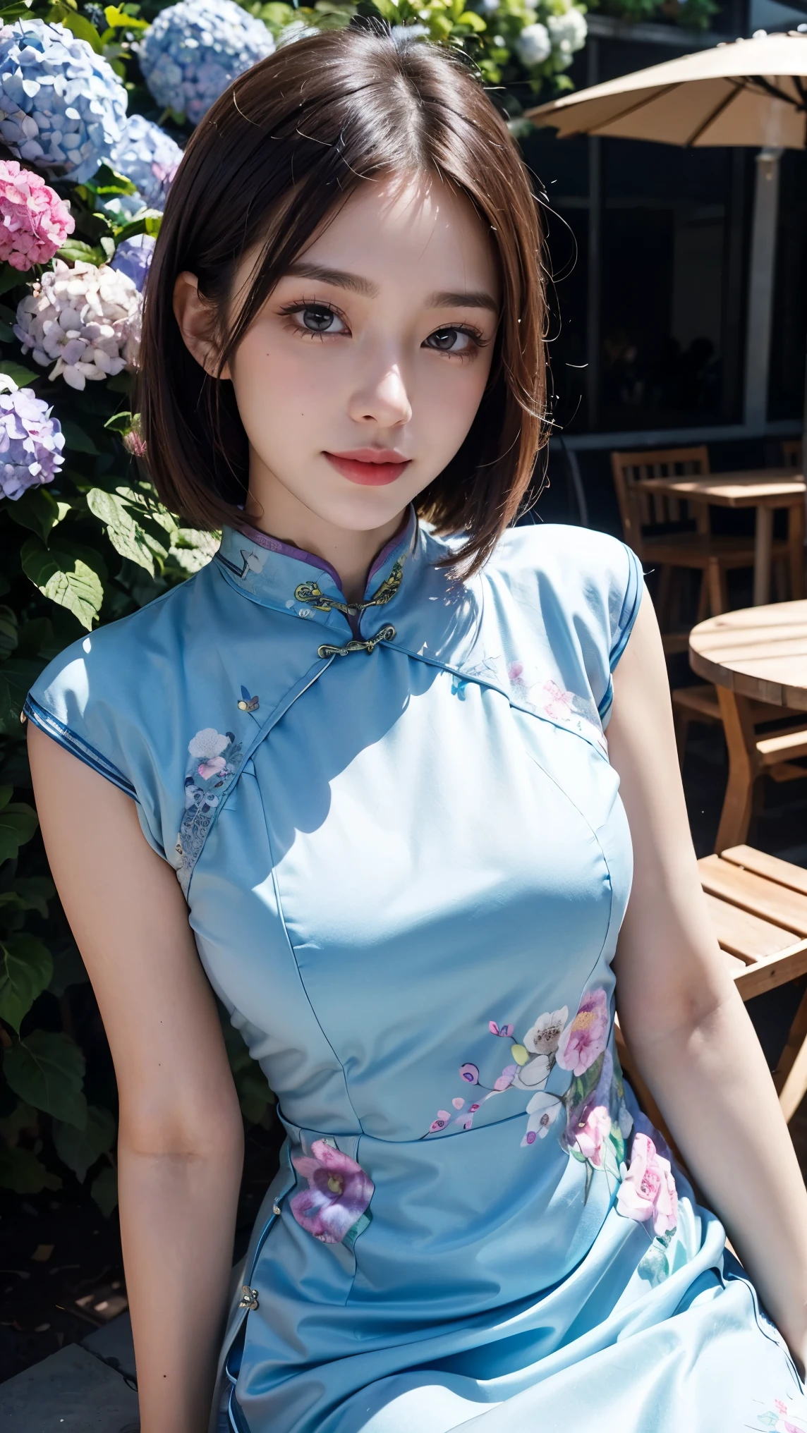 Top-quality Realistic,Official art,Highly detailed CG Unity 8k wallpaper,ultra-detailliert,hight resolution,Physically-based rendering,Magnificat,finely detail,masterpiece,Best Quality,ultra detailed,Mature beauty,Beautiful women,1girl,moist lips,sexy lips,Sexy smile,Gentle smile, 20 years old, Beautiful bare skin,Smooth bare skin, big well-shaped breasts,beautiful Mature body,swept bangs,(Medium hair:1.3), beautiful detailed eyes,model shoot style,Japanese Idol,Full-body,((Hydrangea blooming on the slope behind the alley )),BREAK, ((cheongsam clothes:1.3)),(chinese national costume),Sitting model pose,Delicately expressed eyes,cute smile,shoot from below,(sitting on a chair on the cafe terrace), (Cafe terrace surrounded by lots of hydrangeas),A lot of hydrangea are blooming,model pose,((Extreme close-up)),