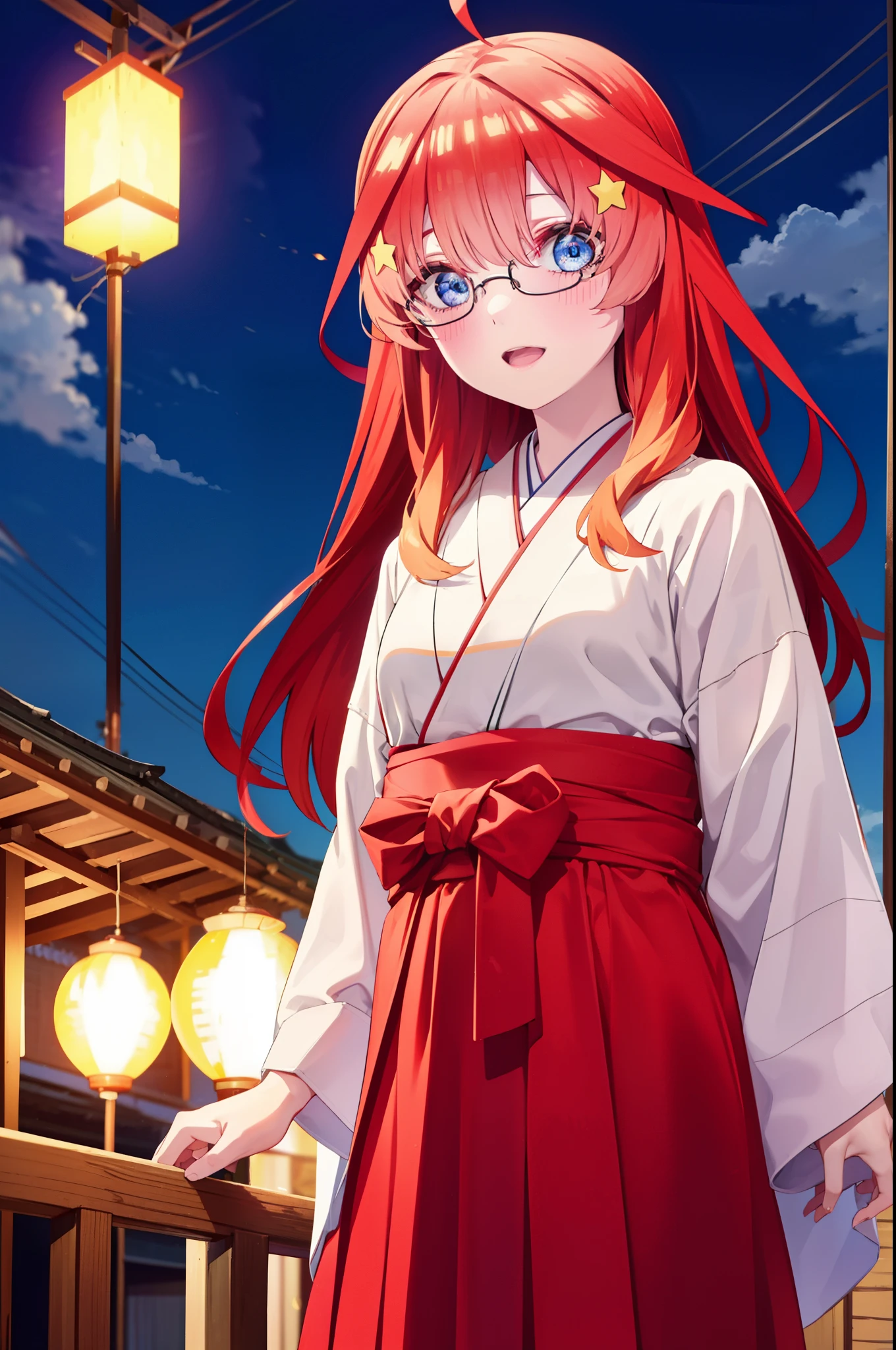 itsukinakano, Itsuki Nakano, bangs, blue eyes, Hair between the eyes, Ahoge, Redhead, star \(symbol\), hair ornaments, star hair ornaments,Akagi glasses,smile,blush,Happy atmosphere,Open your mouth,Long Hair,Tie your hair back,Red gorgeous Japanese style,Red long skirt,White tabi,Sandals,night空の花火,Fireworks display,Japanese Festivals,Summer festival food stalls,Red Lantern,night,イラストにwhole bodyが入るように, night
break outdoors, shrine, break looking at viewer,whole body,(Cowboy Shot:1. 5)
break (masterpiece:1.2), highest quality, High resolution, unity 8k wallpaper, (shape:0.8), (Beautiful and beautiful eyes:1.6), Highly detailed face, Perfect lighting, Highly detailed CG, (Perfect hands, Perfect Anatomy),