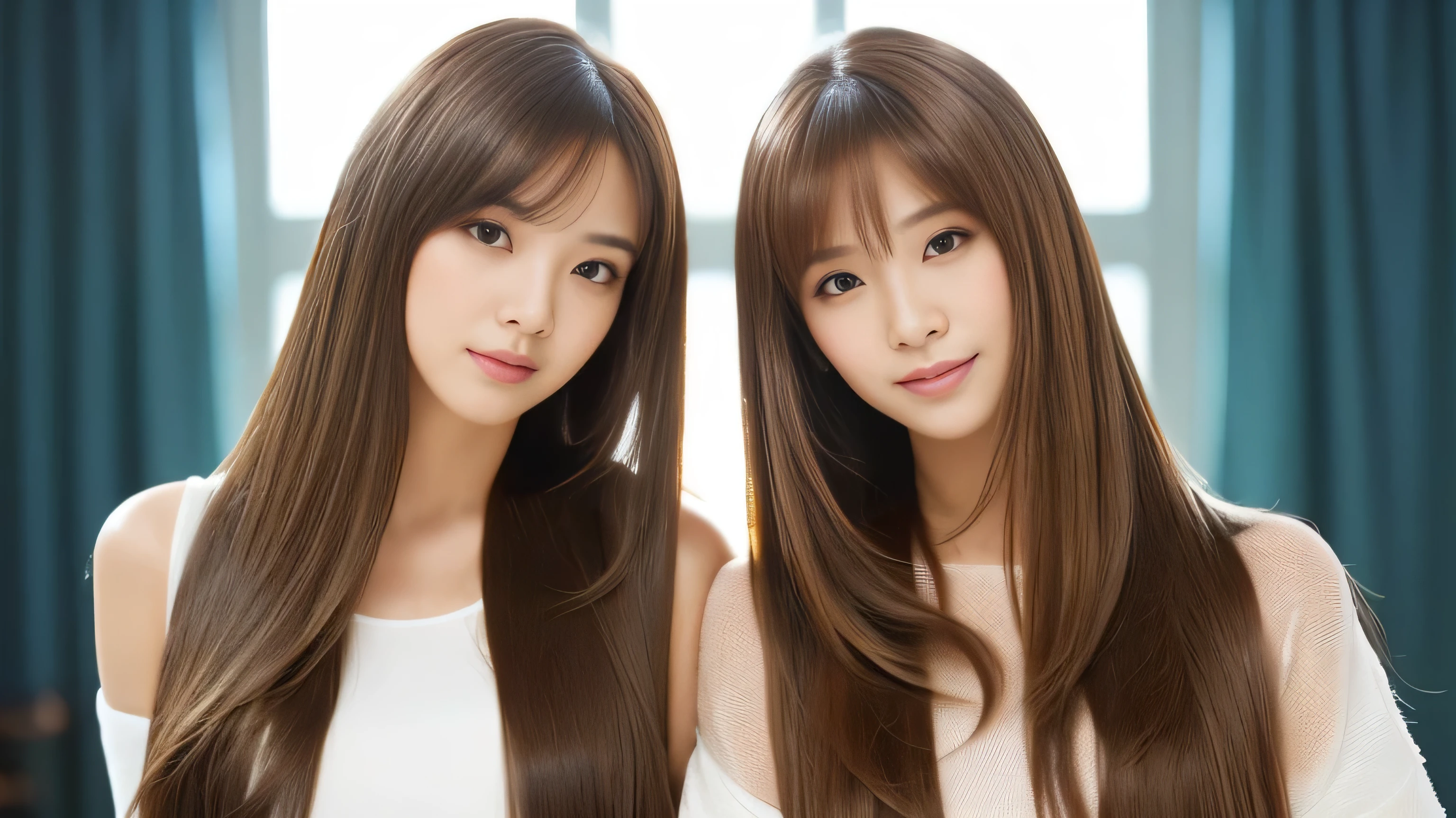 (((A photo of the two of them standing next to each other:1.4))) (two women with Long brown hair posing for a picture, Thin and shiny hair, Ulzzang, long and straight hair of brown color,, Brown long hair, beautifulgemini portrait, Brown long hair, beautifulgemini, Long Hair, Smooth Hair, Flowing brown hair, With the same hairstyle, Long, flat hair, Long brown hair, Attractive long hair, Beautiful brown hair Two women with long brown hair posing for a photo, Digital Art inspired by Wang Duo, tumbler, Digital Art, Thin and shiny hair, Ulzzang, long and straight hair of brown color,, Brown long hair, beautifulgemini portrait, Brown long hair, beautifulgemini, Long Hair, Smooth Hair, Flowing brown hair, With the same hairstyle, Long, flat hair) ((Both are random poses that show as much back and hair as possible.:1.8)) ((Both beautiful 24 year old hair models with long black hair, girl with super Very long hair that reaches down to the ankles, extremely Very long hair that reaches down to the ankles, Very long hair that reaches down to the ankles,Very long hair that reaches down to the ankles , Flowing Hair, very Very long hair that reaches down to the ankles, Very long hair that reaches down to the anklesgirl,Very long hair that reaches down to the ankles , flowing light brown hair, length Hair windy, Very long light brown hair, flowing light brown hair,Incredibly straight long-lasting hair, Abnormally long hair!!!! Her highest quality!!!! hair is long and straight., very long light brown hair that reaches down to the ankles, highest quality light brown hair , , Highest quality long straightなVery long hair that reaches down to the ankles straight, beautiful, High quality hair, Very long hair that reaches down to the ankles and highest quality straight light brown hair, straight, highest quality light brown hair, Perfect silky straight hair of the highest quality, straight, highest quality light brown hair , lengthLight brown hair straight hair, length, Thick and voluminous light brown hair Her hair is long and straight, Very long light brown hair, Abnormally long and extremely long light brown hair, very long, straight, Light brown hair that reaches down to her ankles, Abnormally very long straight, beautiful hair of the highest quality, length Hair, length, straight light brown hair ,Extraordinarily very long light brown hair that lasts forever and free straight light brown hair , straight light brown hair)) (Both bangs are perfect.:1.3) (Japan's most sexy and beautiful 24-year-old beauty model) (Both stare at the viewer with a very captivating expression...) ((highest quality)), ((masterpiece)), (Familiar) (Get used to it) Perfect Face (BothHer skin is a typical Japanese skin color. And very detailed) (Both big breasts:1.3) (Both She is wearing a beautiful shiny white camisole.) (Both She has a beautiful face and a typical Japanese figure...., Narrow eyes) (Both She has perfect beautiful and sexy makeup and face Lipstick is light red A solid eyeliner) ((Rich 1.4)) (Very detailed)
