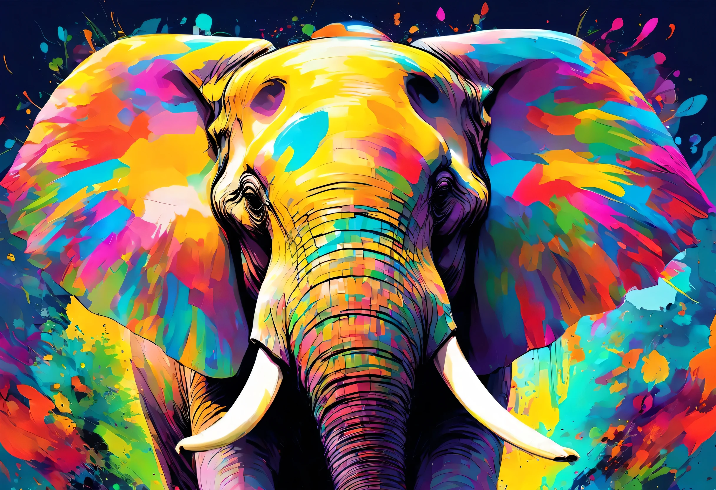 An African Elephant with colorful paint on its face and leaves, vector art:Zahari Zograf, Trending on Pexels, psychedelic art, Rich in color and detail, A complex and colorful masterpiece, art:Alessandro Pautasso, very complex and colorful, colorful hd images, A colorful and intricate masterpiece, High quality HD digital art, great digital art, very colorful