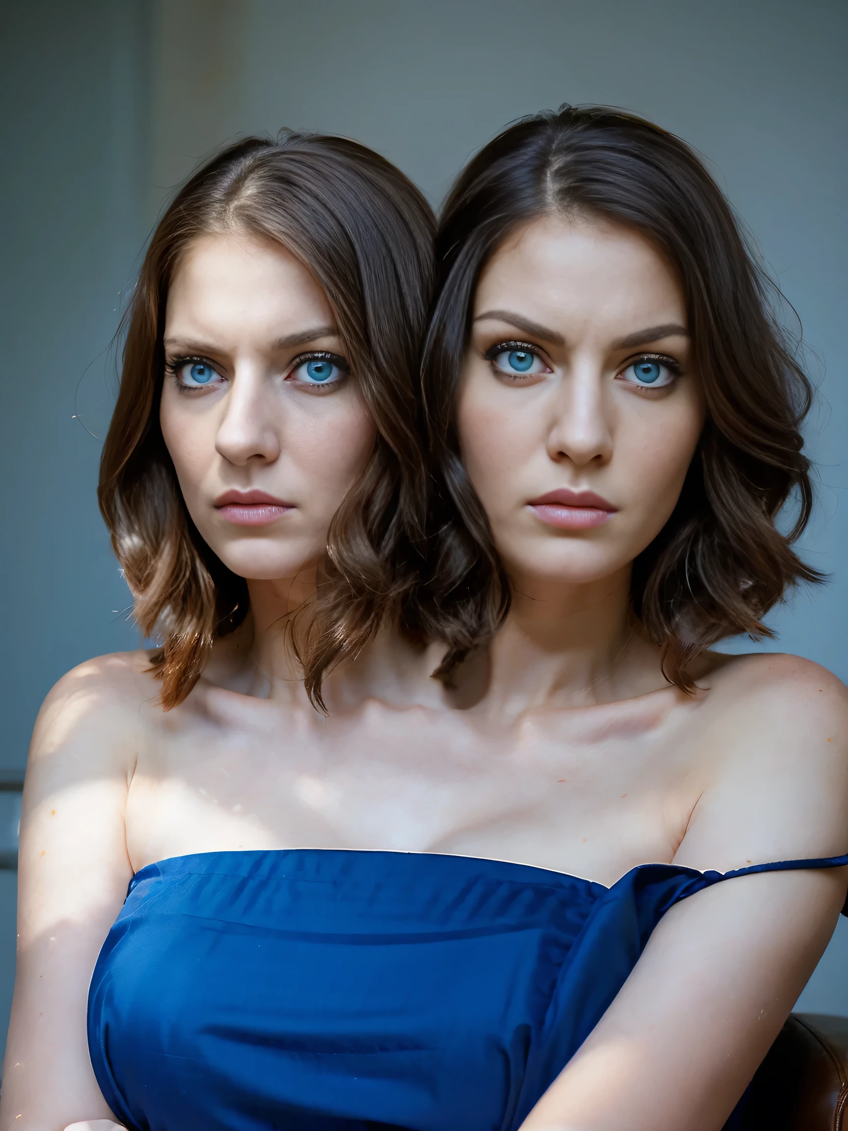 (2 heads:1.5) high quality, best quality, photo realistic, beautiful photo, 25 years old woman, sexy, roubd face, different hair styles, different personalities, bright blue eyes, big eye lashes, pale skin, annoyed, looking away, crossed arms, angry, hate each other, having an argument