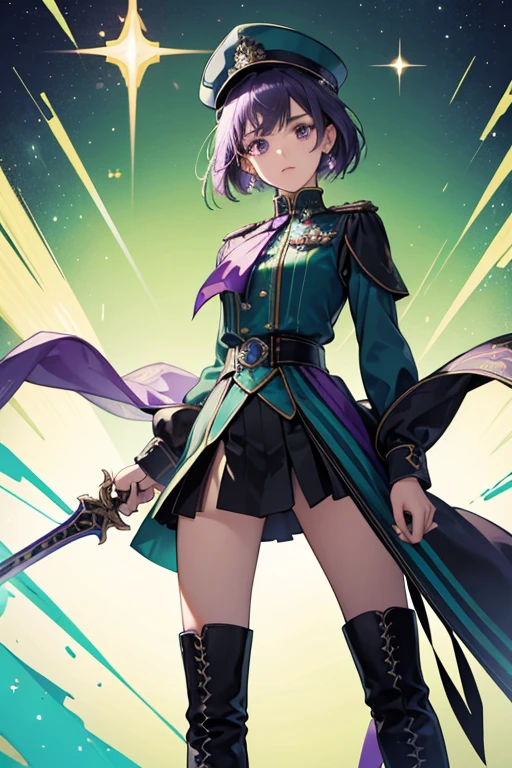 she is a short green and a purple admiral's outfit. her hat has a letter "A" on it and her shirt is decorated with medals. she wears black boots and is always shown wielding a sword. SPARKLE; GLITTER