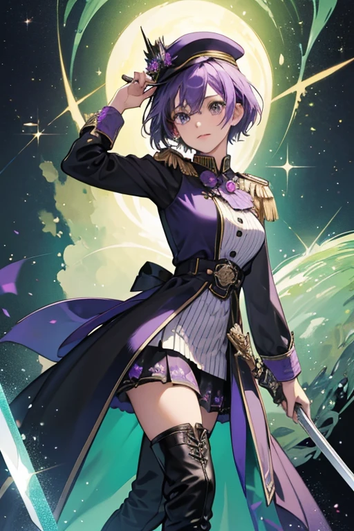 she is a short green and a purple admiral's outfit. her hat has a letter "A" on it and her shirt is decorated with medals. she wears black boots and is always shown wielding a sword. SPARKLE; GLITTER