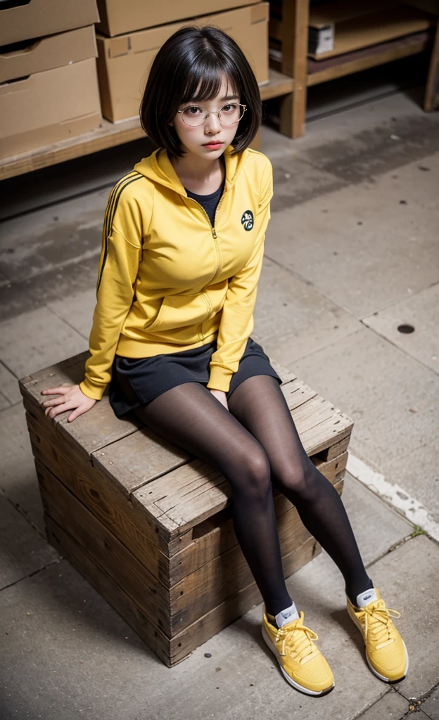 realistic, 1girl, top view selfie shots, eye glasses, sitting on a wooden box, arms at the wooden box, dark abandoned warehouse backgroud, bob hair, hair bangs, skinny yellow tracksuit, cleavage, big bust, mini skirt, tights, knees, skinny outfit,