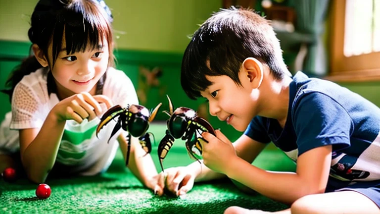 田舎でChildren playing with beautiful stag beetles、Children playing with beautiful stag beetles、