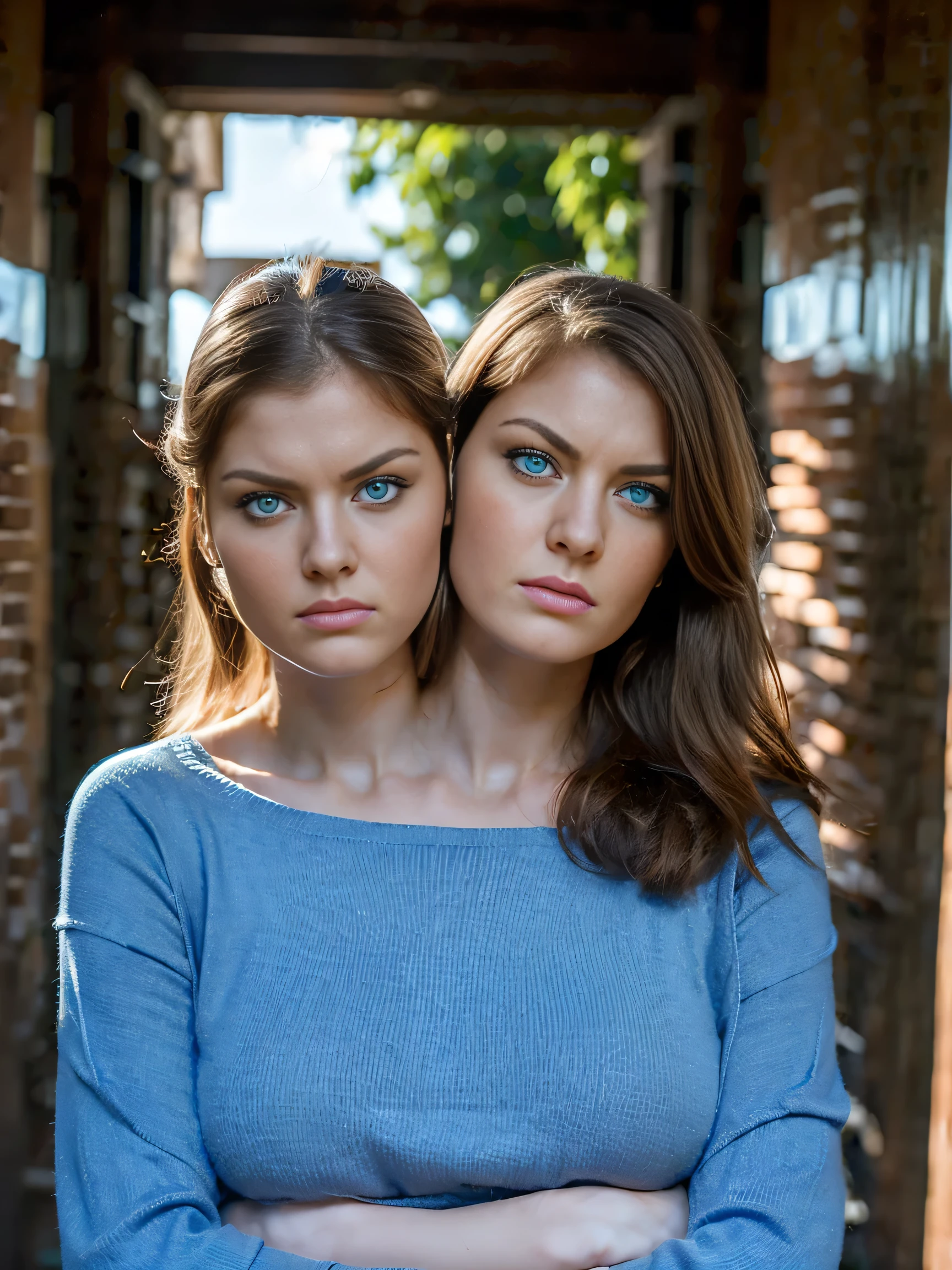 (2 heads:1.5) high quality, best quality, photo realistic, beautiful photo, 25 years old woman, sexy, roubd face, different hair styles, different personalities, bright blue eyes, big eye lashes, pale skin, annoyed, looking away, crossed arms, angry, hate each other, having an argument
